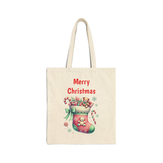 Canvas tote bag with a Christmas stocking full of gifts and "Merry Christmas" text