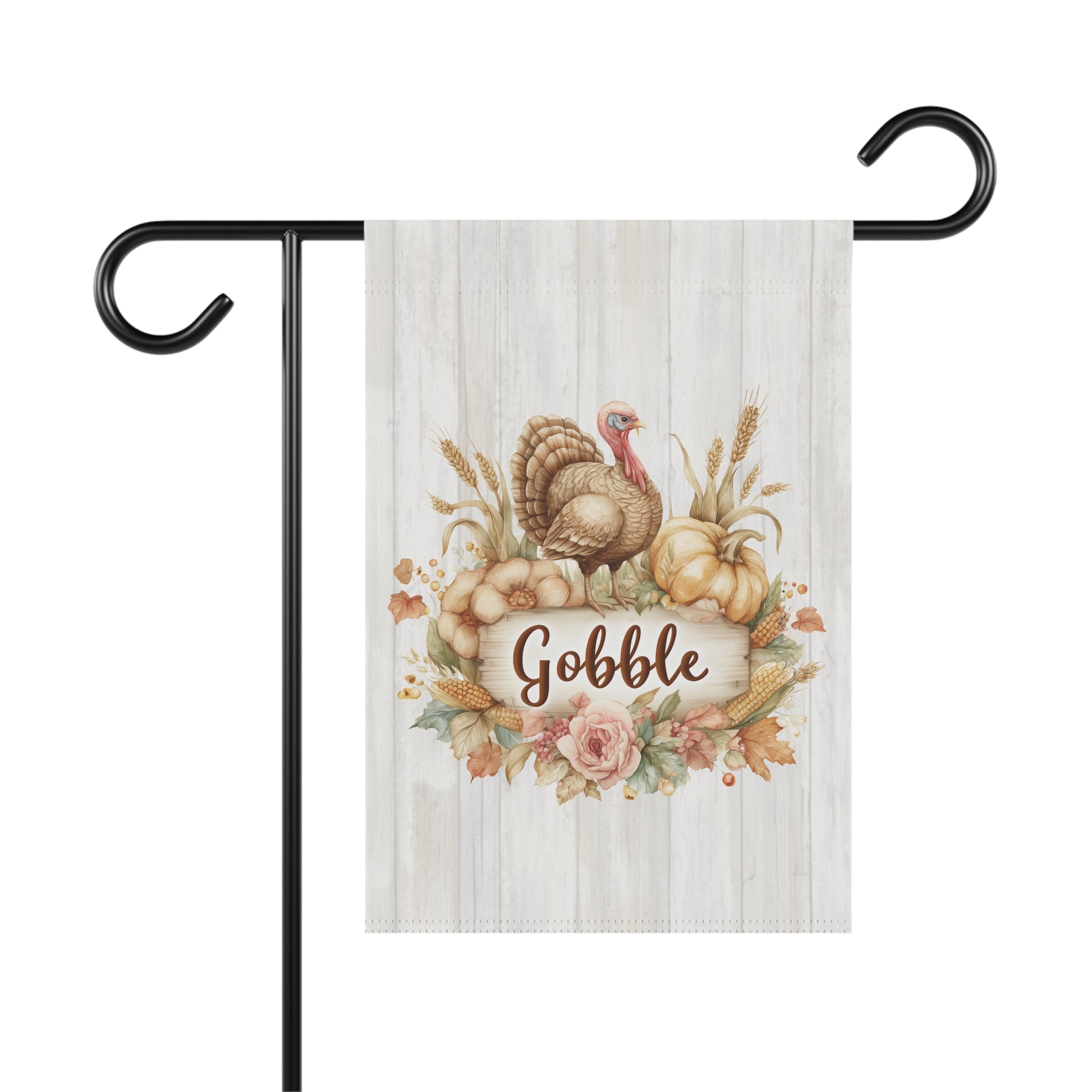 Rustic Thanksgiving turkey with pumpkins and autumn harvest details on a wooden sign with script Gobble text garden flag