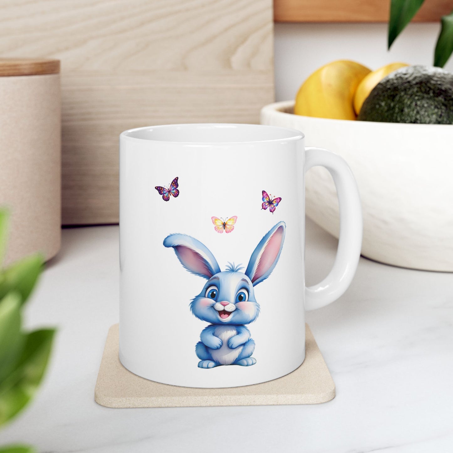 Adorable Blue Bunny & Butterflies Ceramic Mug