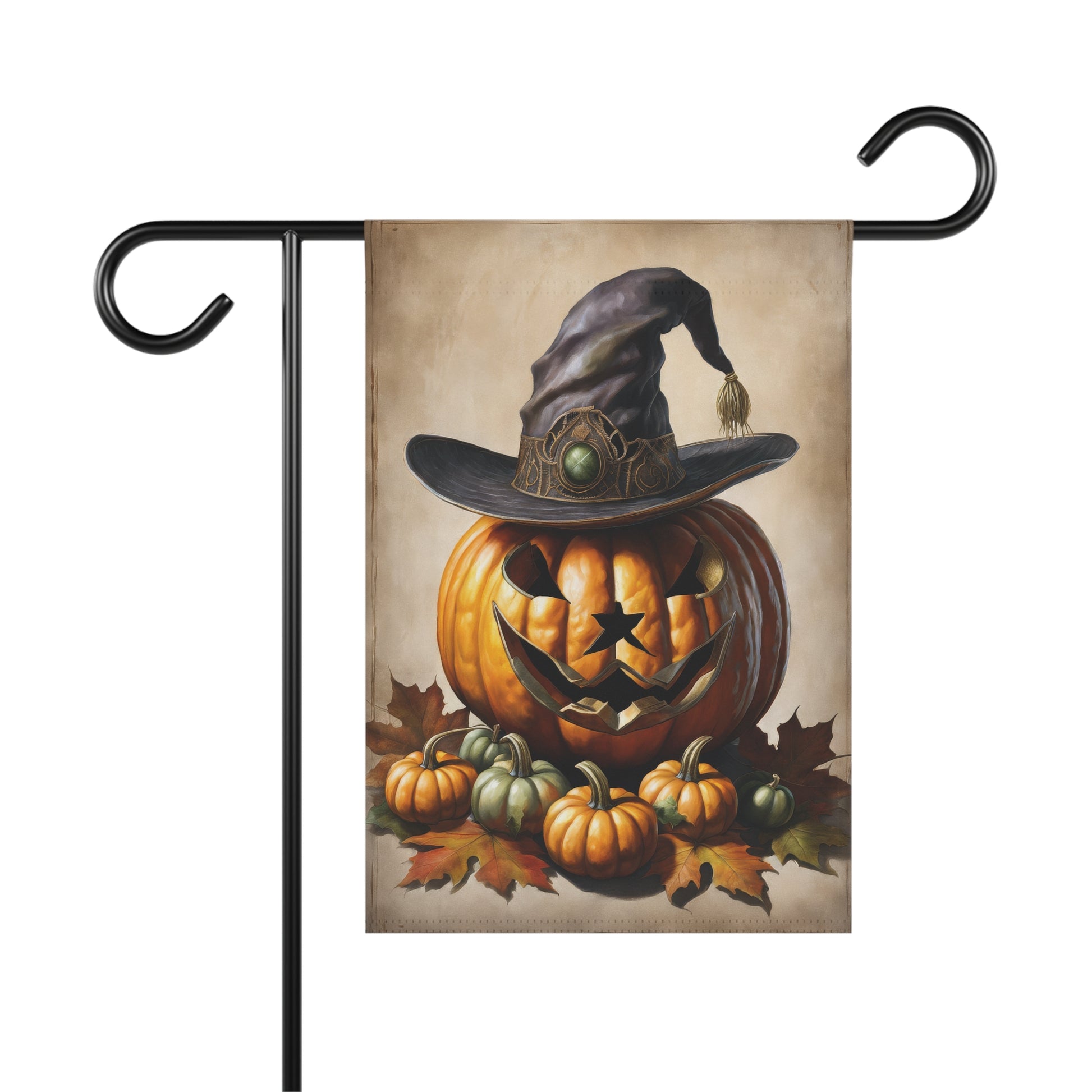 Rustic Halloween garden flag featuring a carved jack-o'-lantern with a witch hat surrounded by mini pumpkins and autumn leaves