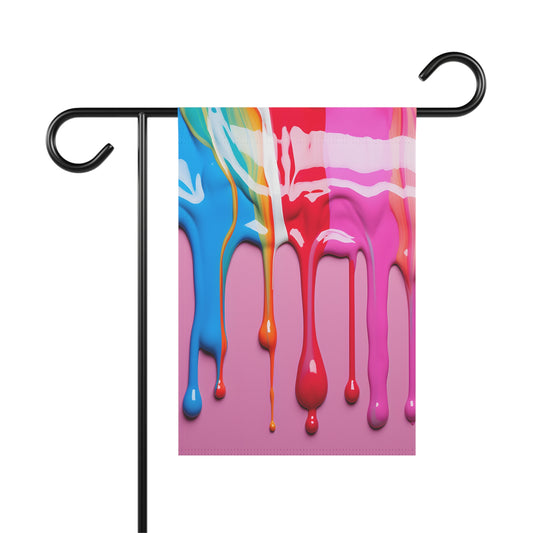 Colorful rainbow paint drips on pink background garden flag, abstract outdoor decor