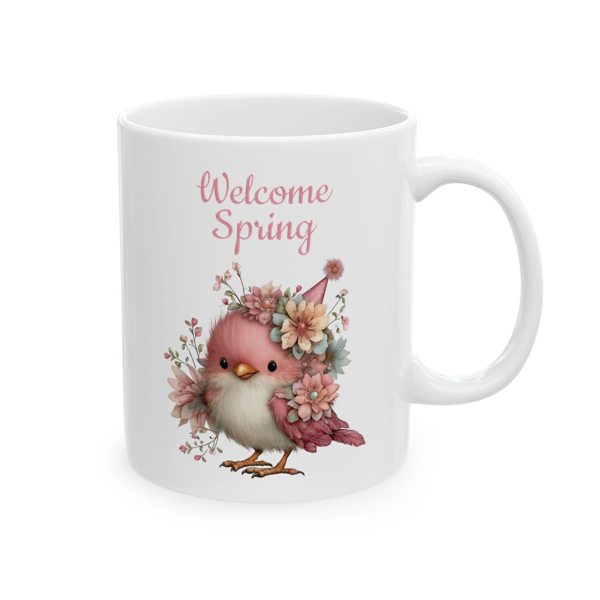 Cute pink songbird wearing a floral crown beneath soft pink Welcome Spring text ceramic coffee mug