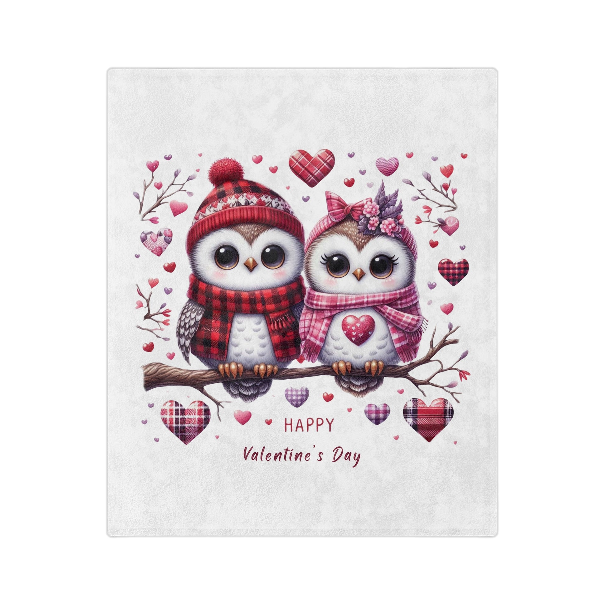 Lightweight white velveteen blanket with a charming illustration of two cartoon owls wearing winter hats and scarves, sitting on a branch surrounded by hearts, and the text "Happy Valentine's Day."

