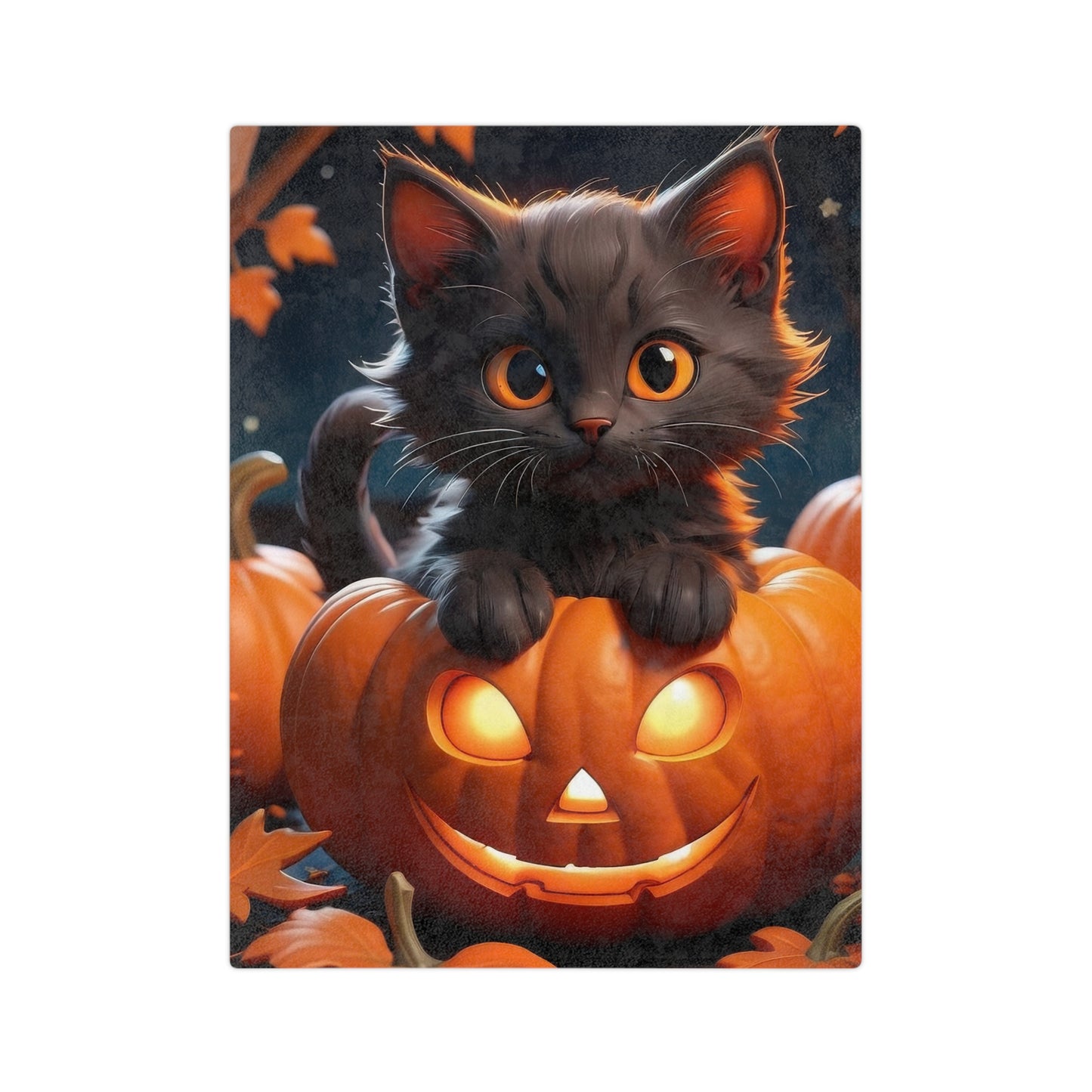Adorable Black Cat in Jack-o'-Lantern Halloween Plush Blanket with a cute black kitten with orange eyes inside a glowing jack-o'-lantern, surrounded by pumpkins and autumn leaves.

