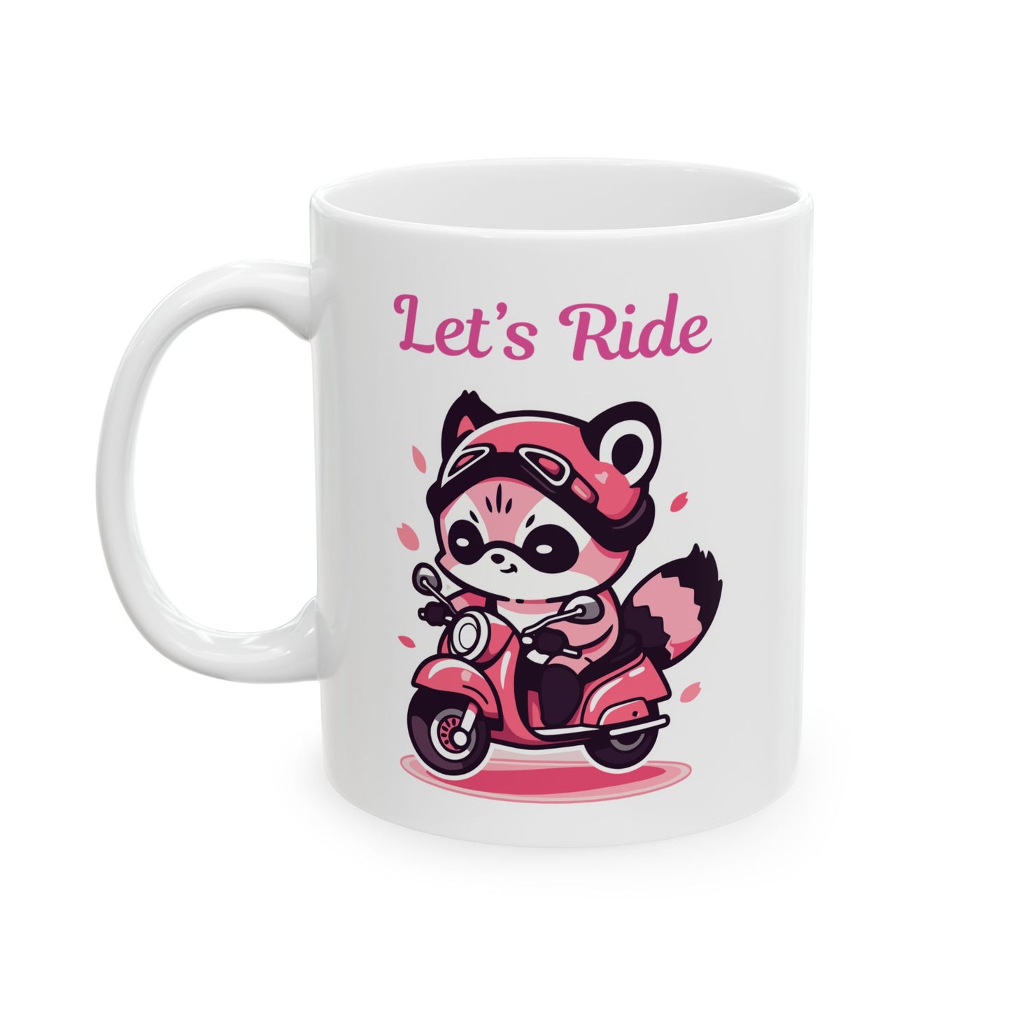 Racoon on a pink motorcycle "Let's Ride" coffee mug