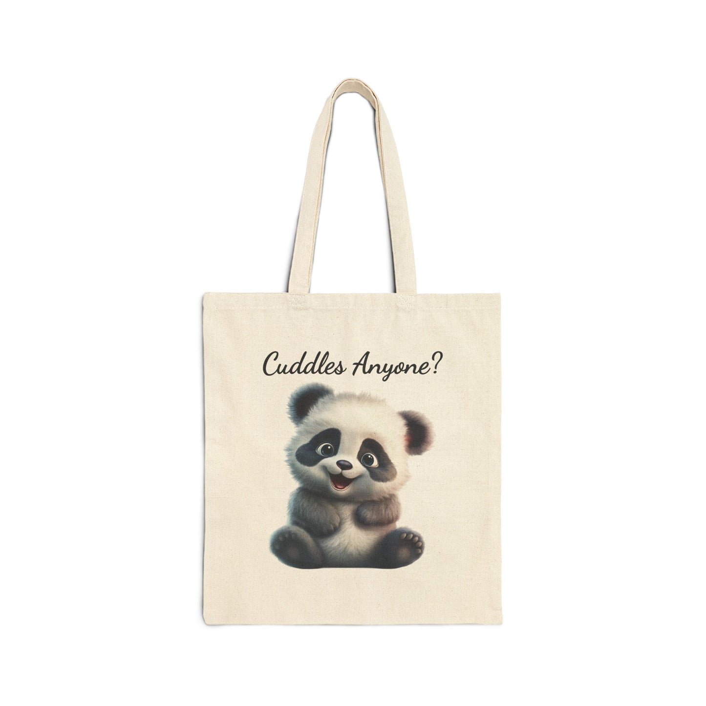 "Cuddles Anyone?" canvas tote bag with a cute baby panda illustration sitting and smiling.