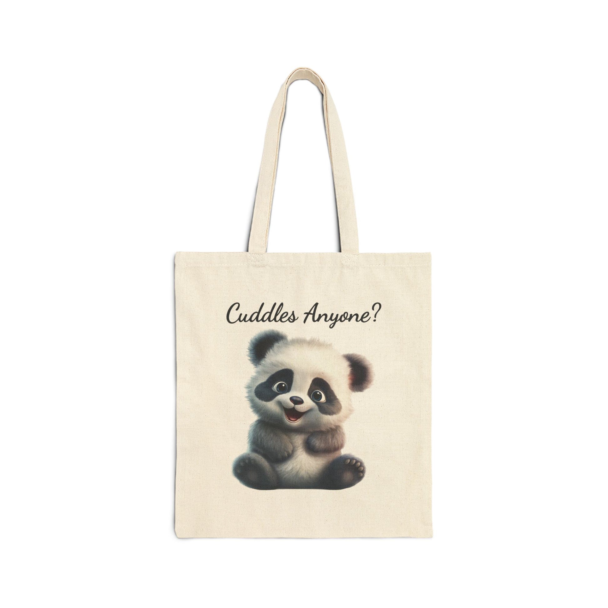 "Cuddles Anyone?" canvas tote bag with a cute baby panda illustration sitting and smiling.