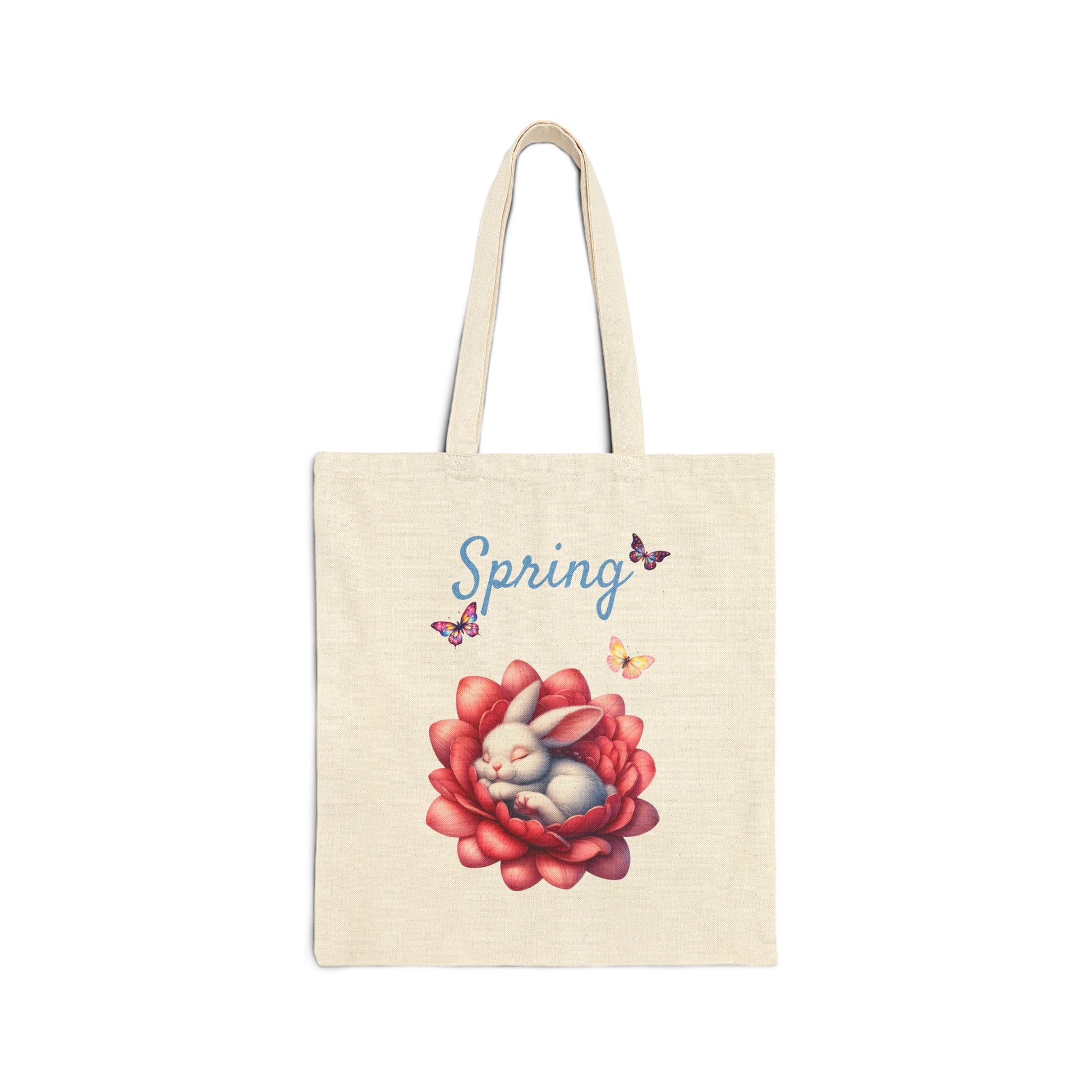 Adorable canvas tote bag with a watercolor print of a sleeping white bunny in a red flower with "Spring!" text.
