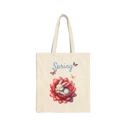 Adorable canvas tote bag with a watercolor print of a sleeping white bunny in a red flower with "Spring!" text.