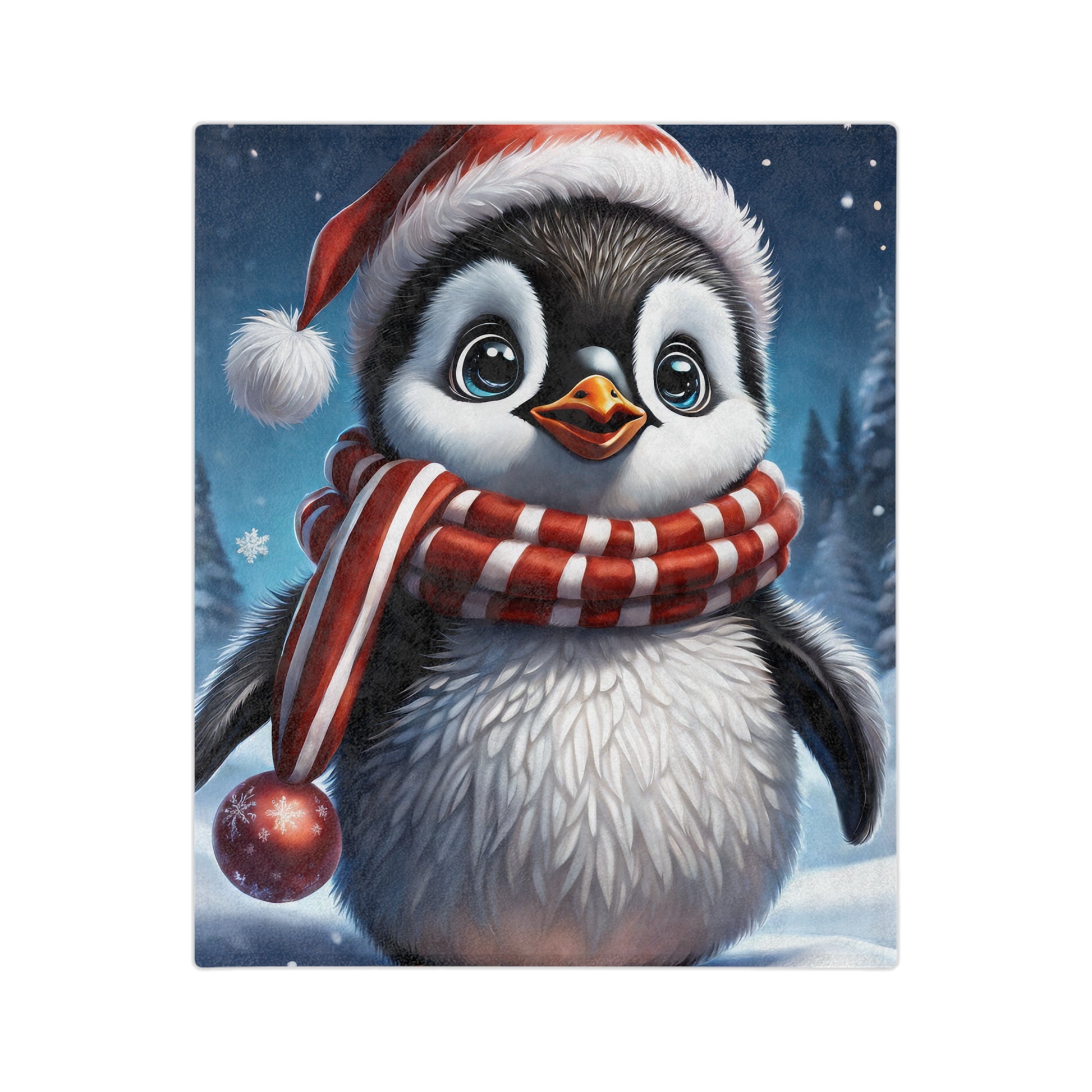Christmas plush blanket featuring a cute baby penguin with Santa hat and striped scarf in a snowy forest
