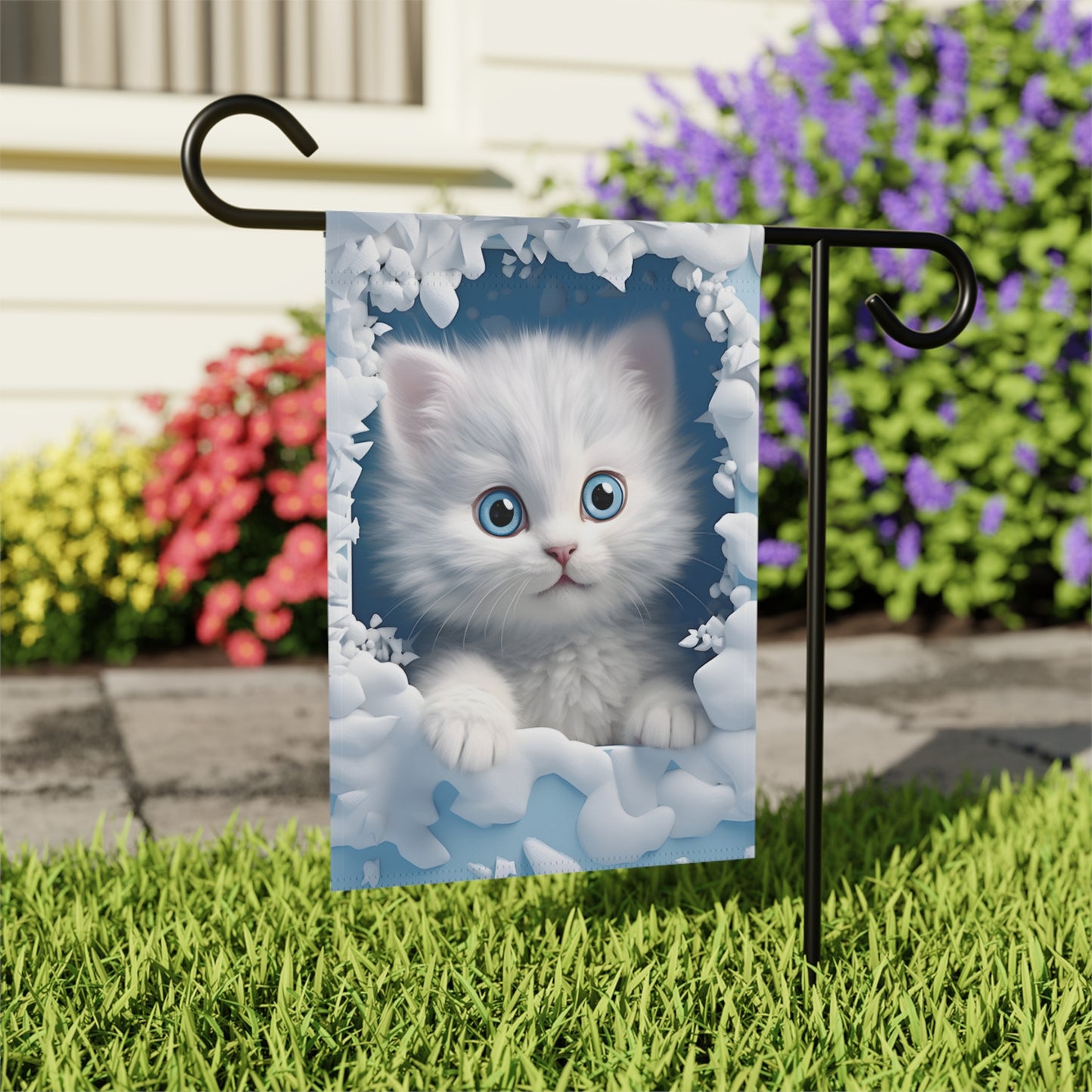 Cute White Kitten Garden Flag