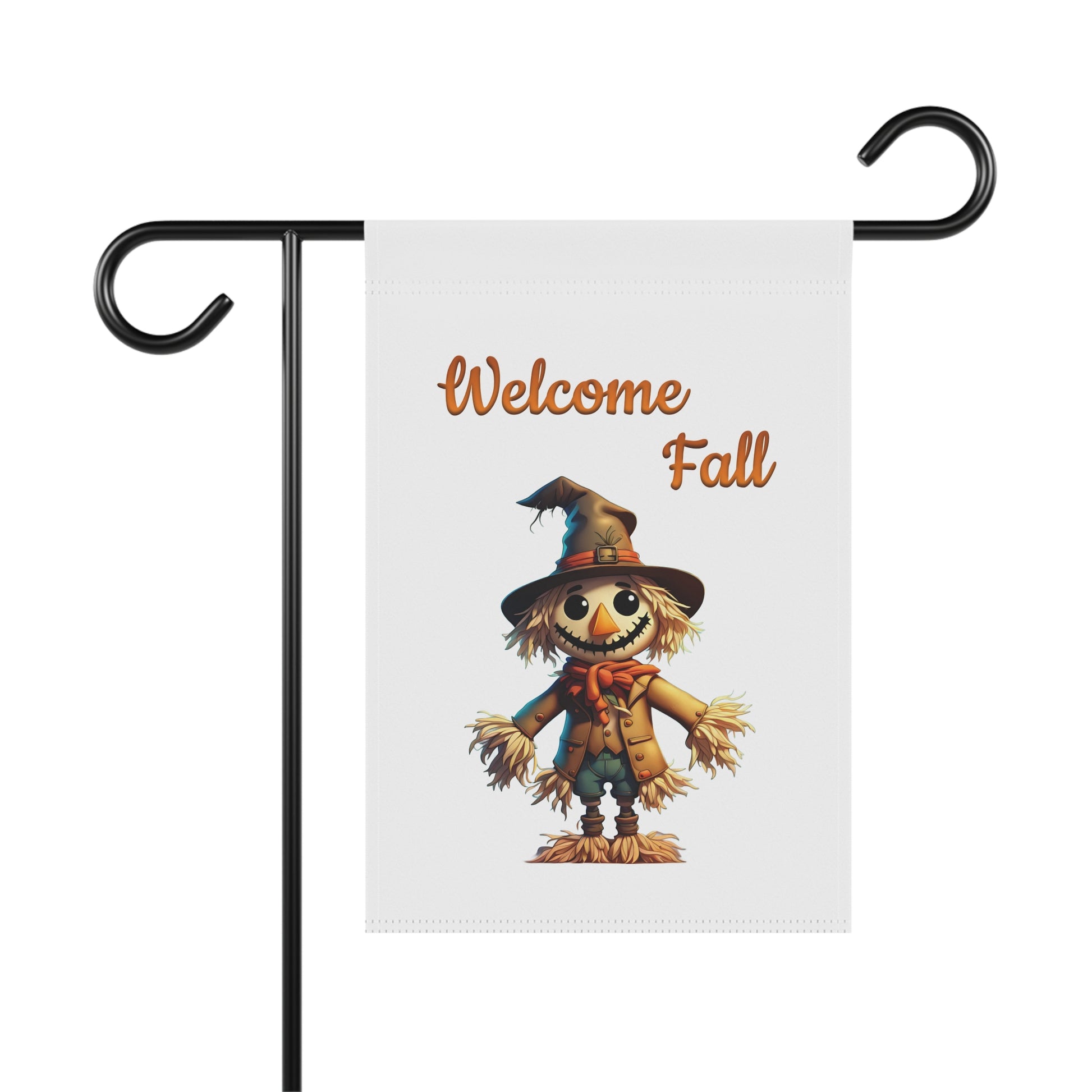 Welcome Fall garden flag with a smiling scarecrow wearing a hat and scarf.

