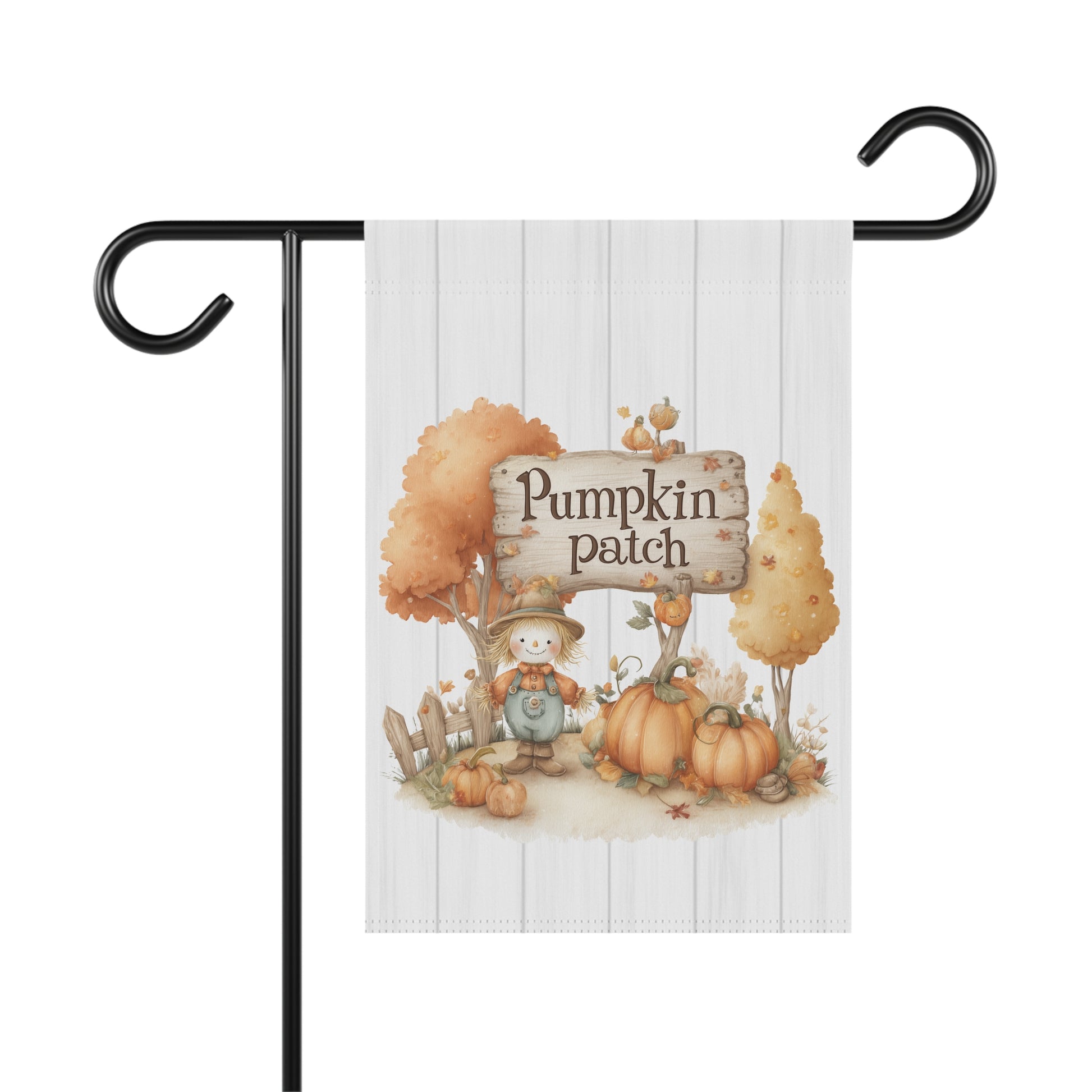 Whimsical autumn garden flag with a white shiplap wood background, featuring a friendly scarecrow next to a wooden sign that says Pumpkin Patch, surrounded by pumpkins, autumn trees, and a small fence.