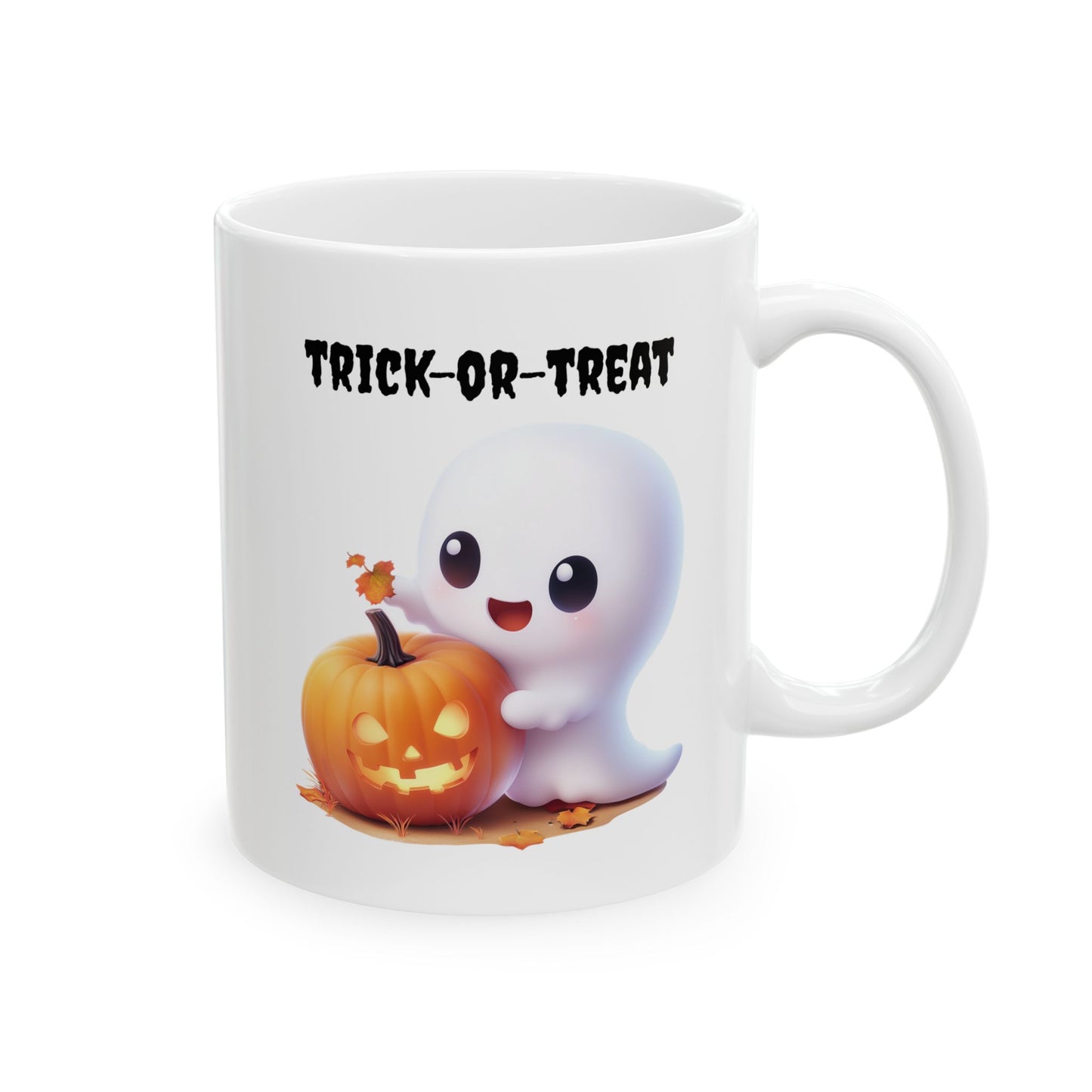 White ceramic coffee mug featuring an adorable cartoon ghost hugging a glowing jack-o'-lantern pumpkin under the black script text TRICK-OR-TREAT.
