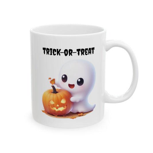 White ceramic coffee mug featuring an adorable cartoon ghost hugging a glowing jack-o'-lantern pumpkin under the black script text TRICK-OR-TREAT.
