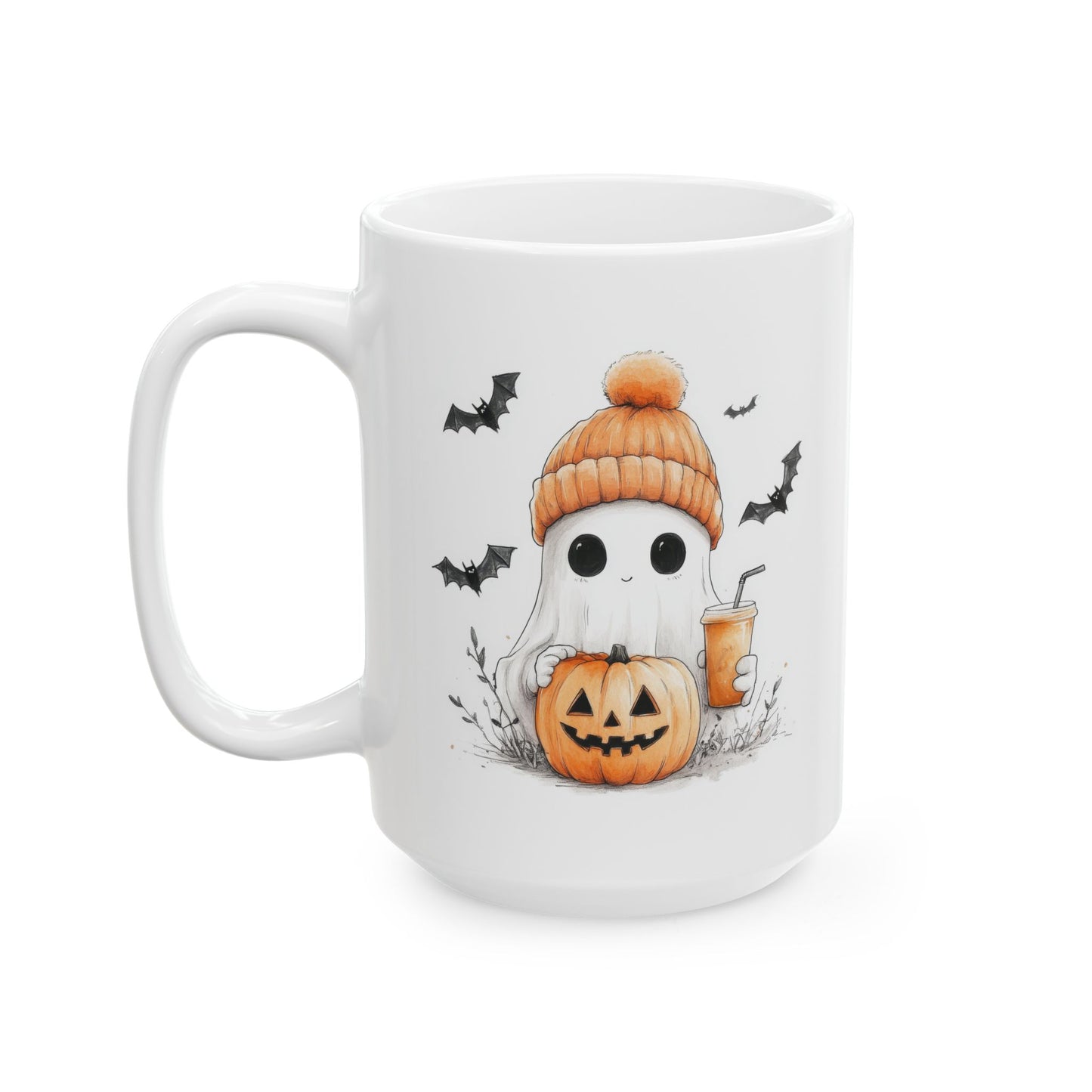 Adorable Ghost with Beanie & Pumpkin Coffee Mug