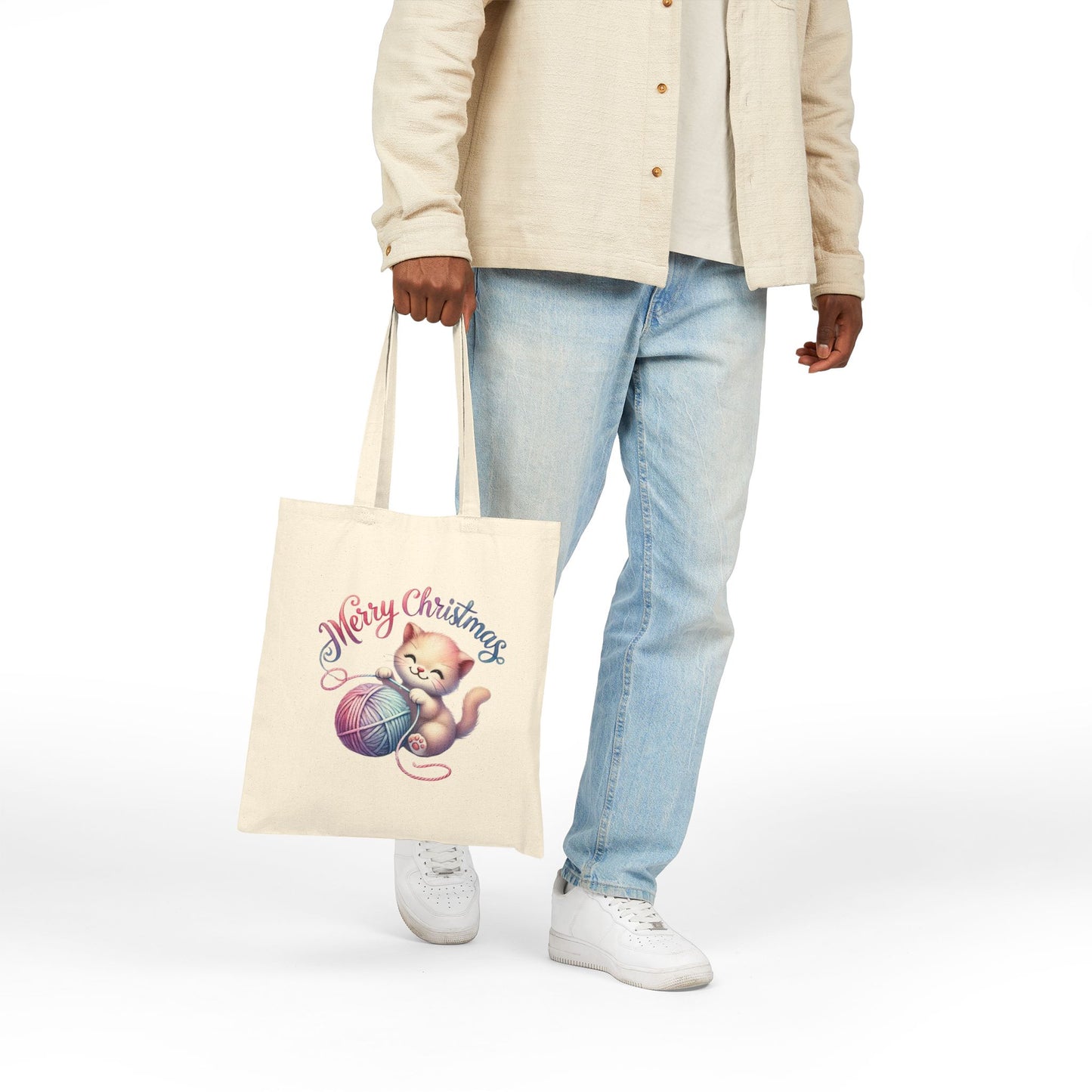 "Merry Christmas" Cute Kitten & Yarn Canvas Tote Bag