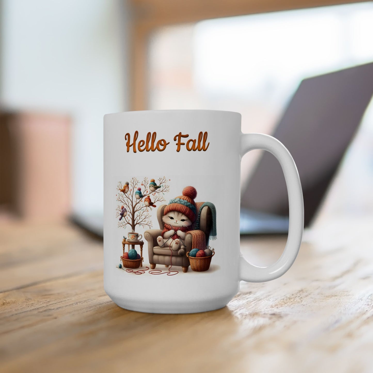 "Hello Fall" Cute Cat & Birds Coffee Mug