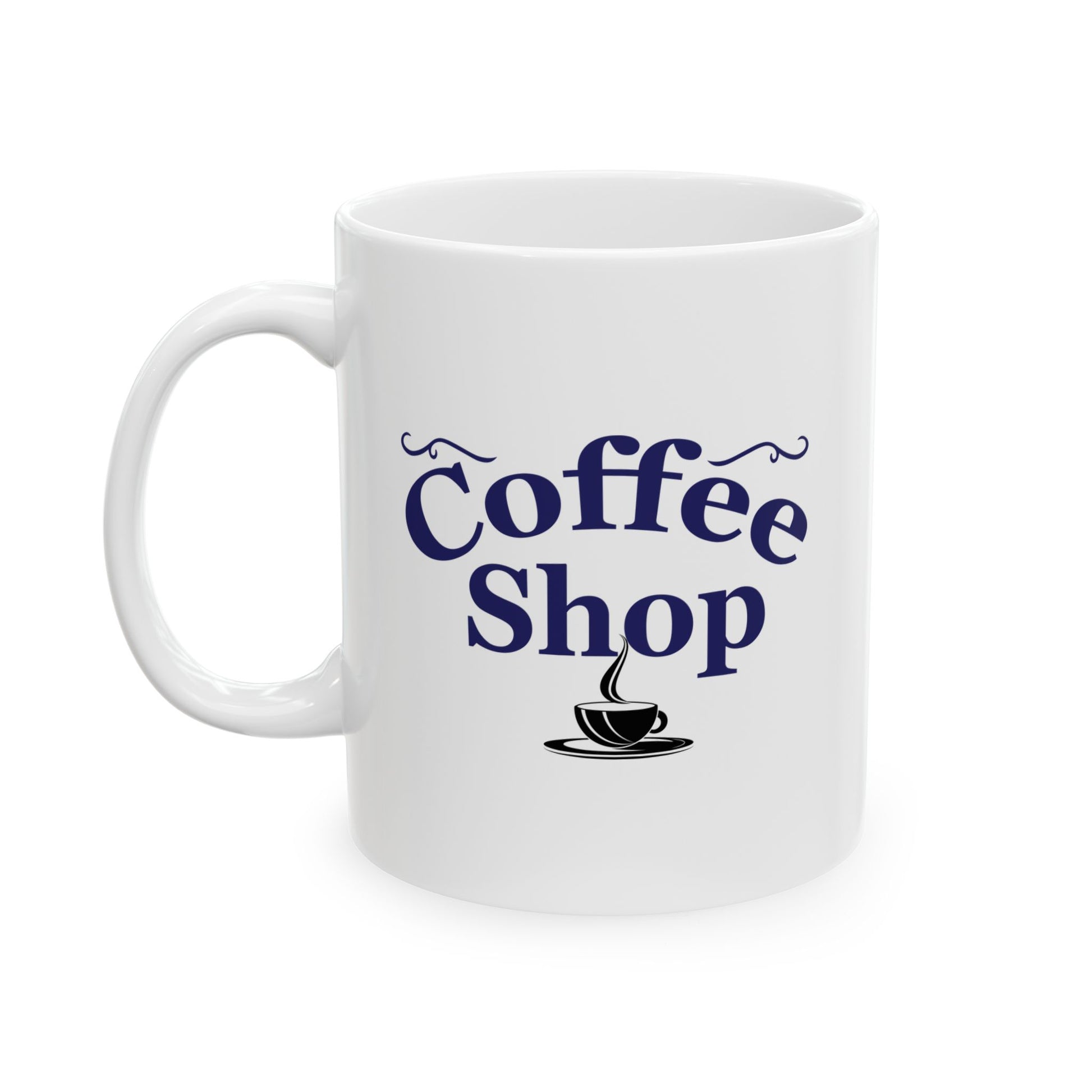 White coffee mug with a retro blue "Coffee Shop" logo and a black steaming coffee cup icon, Vintage look coffee mug, Retro diner style cup.
