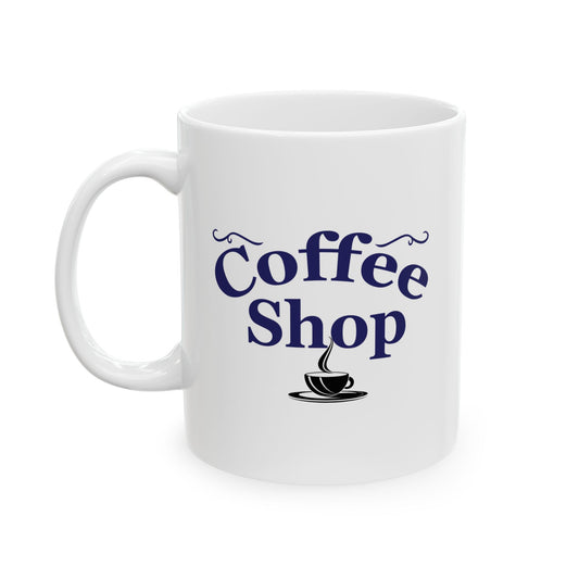 White coffee mug with a retro blue "Coffee Shop" logo and a black steaming coffee cup icon, Vintage look coffee mug, Retro diner style cup.