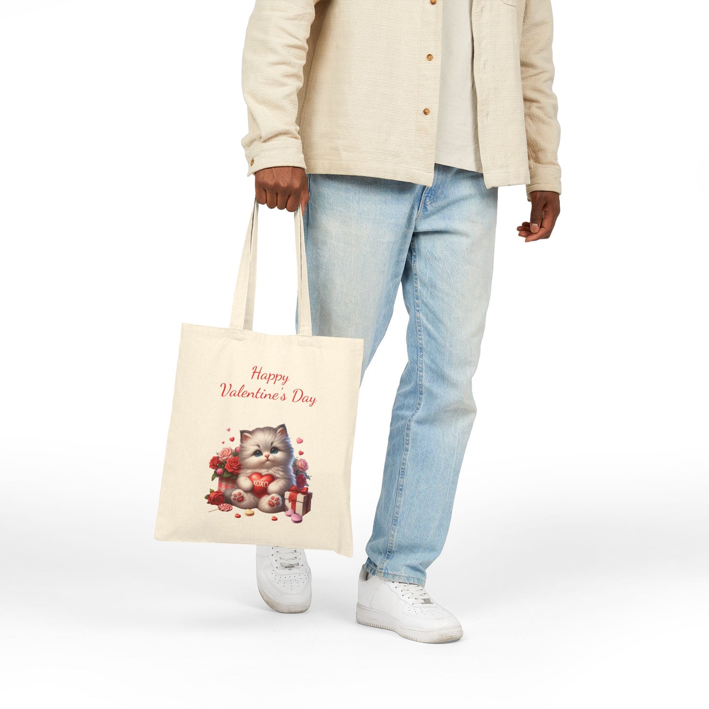 "Happy Valentine's Day" Cute Kitten Canvas Tote Bag
