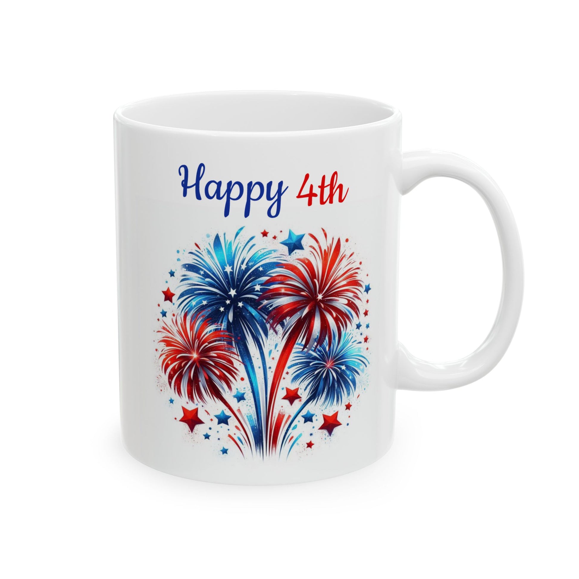 White ceramic coffee mug featuring a large burst of red, white, and blue fireworks surrounded by small stars beneath the blue and red script text Happy 4th.

