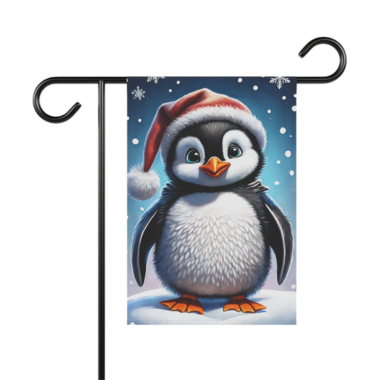 Cute baby penguin garden flag wearing a Santa hat with falling snowflakes, festive holiday decor, winter animal, outdoor flag.

