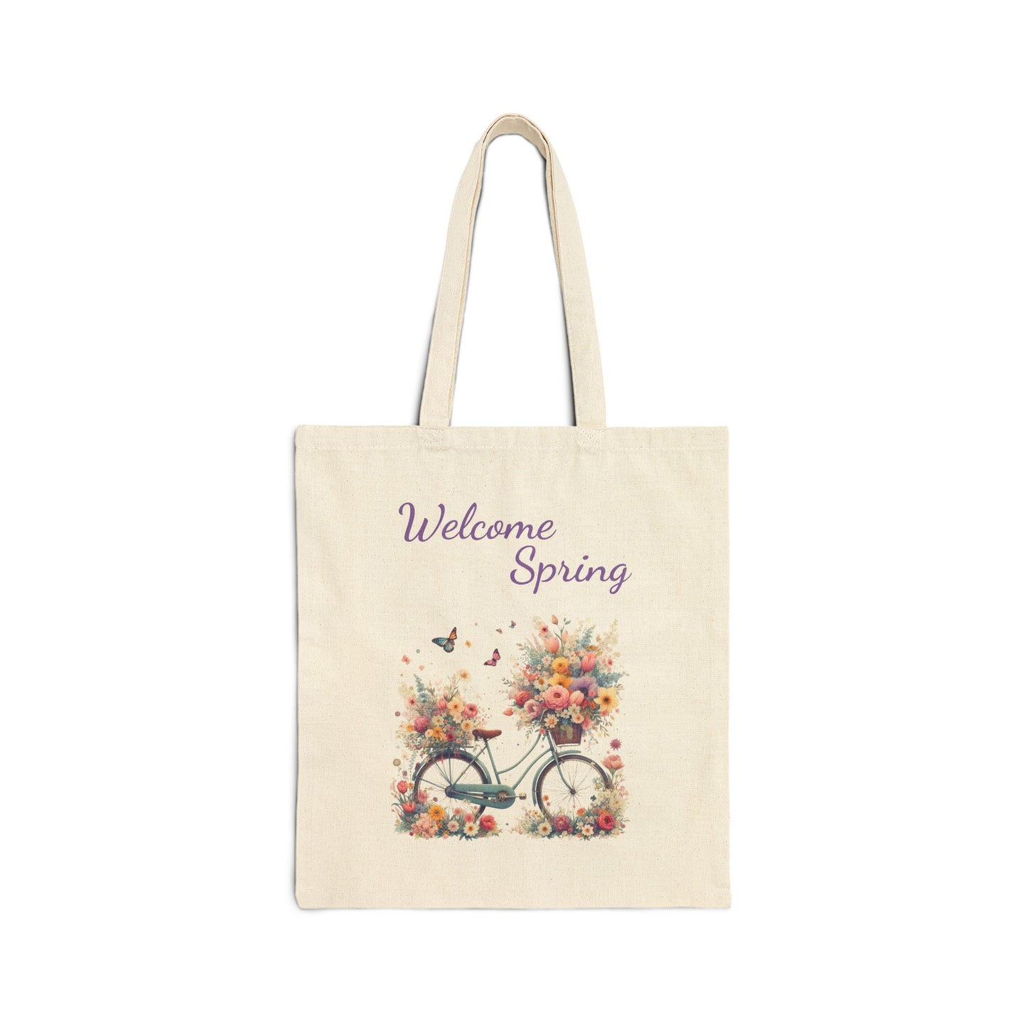 Canvas tote bag with a "Welcome Spring" print featuring a vintage bicycle with baskets full of flowers.