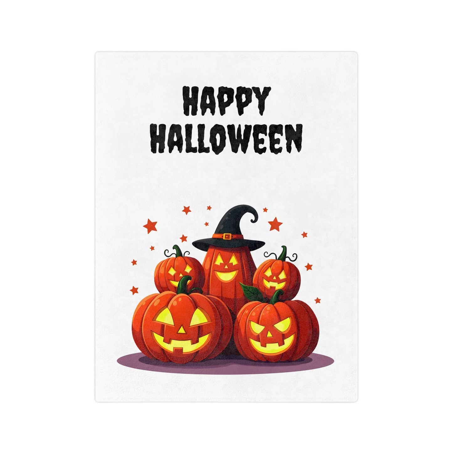 Happy Halloween Pumpkin Patch Plush Blanket with a witch hat pumpkin, other glowing pumpkins, stars, and "Happy Halloween" text on a white background.

