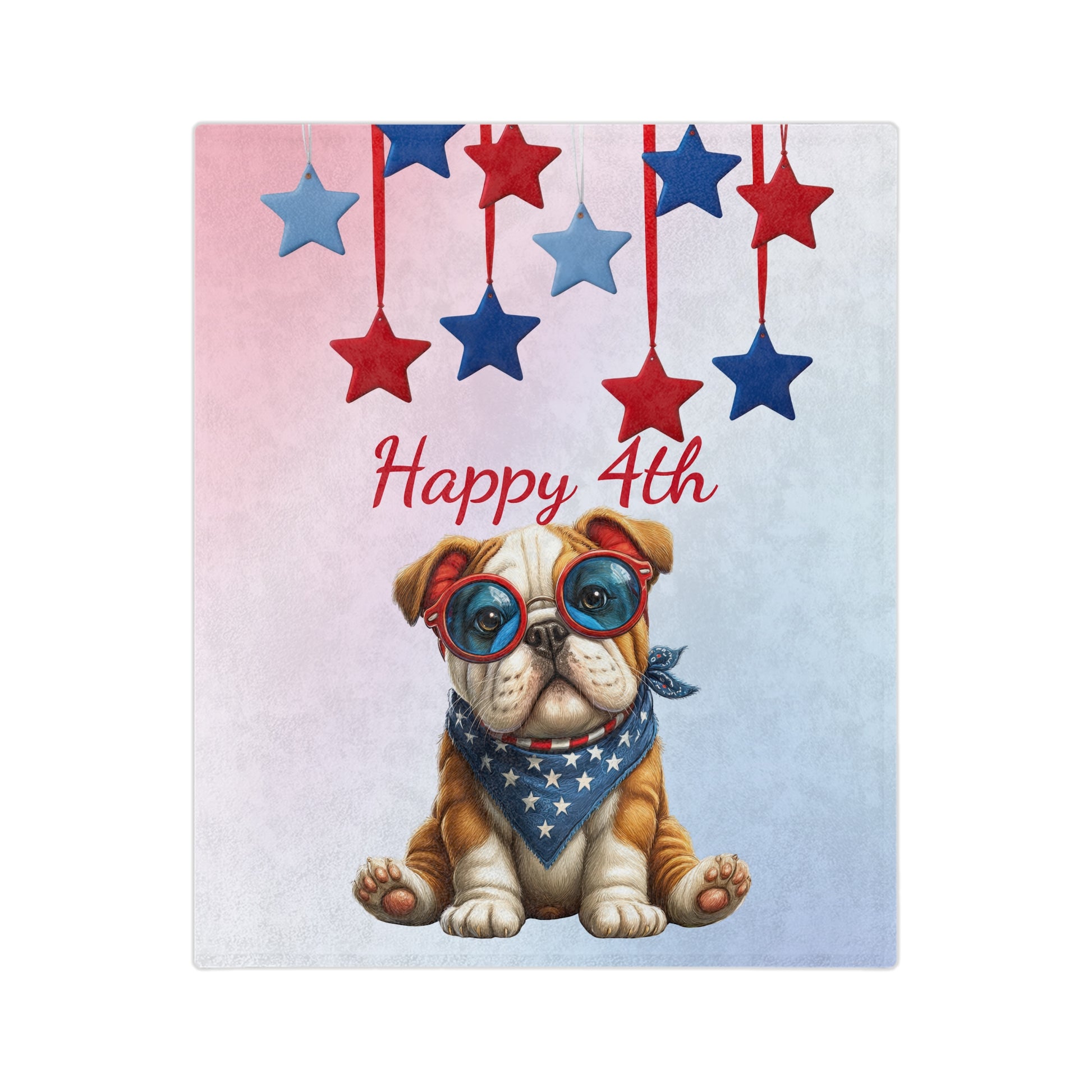 Velveteen plush blanket featuring a bulldog with patriotic glasses and bandana under red, white, and blue stars with “Happy 4th” text
