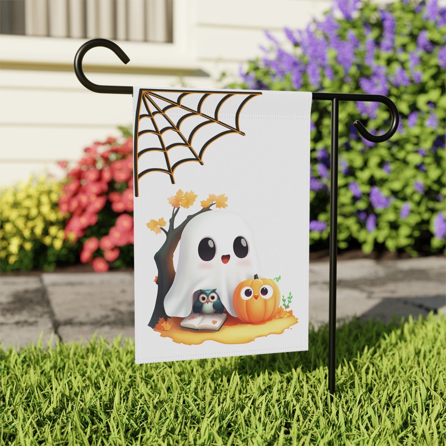 Cute Ghost and Owl Halloween Garden Flag