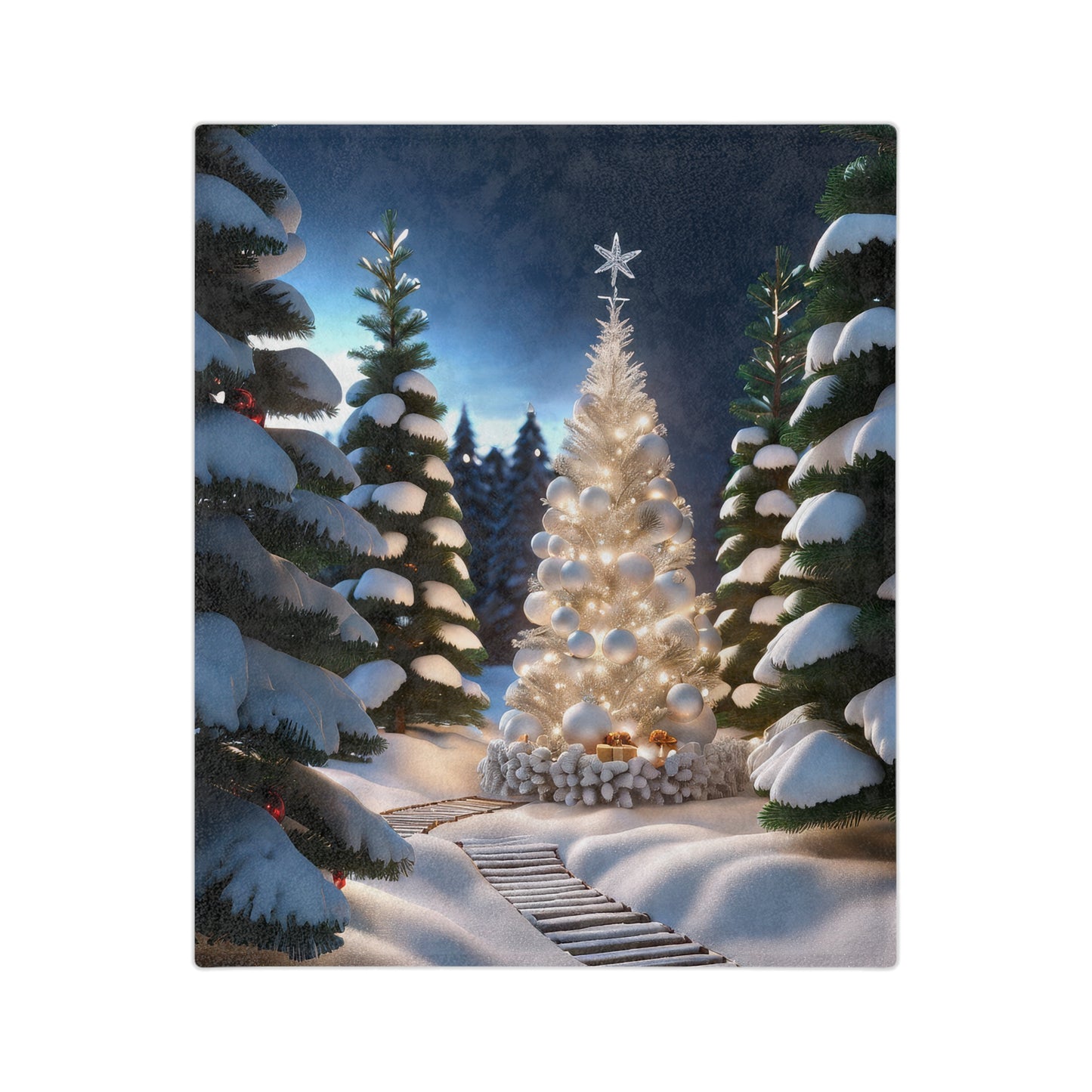 White Christmas tree glowing in snowy forest surrounded by pine trees at night on plush blanket