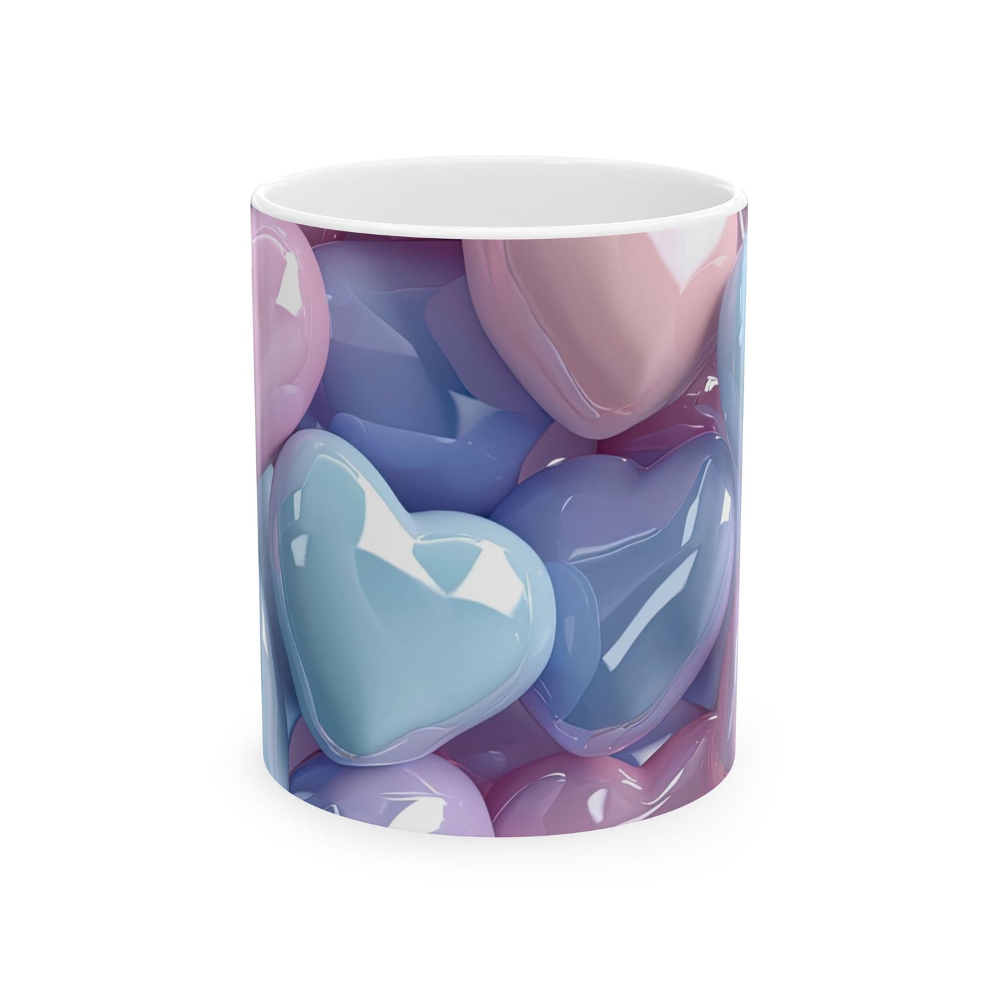 White ceramic coffee mug with a vibrant wraparound print of numerous glossy, plump hearts in shades of pastel pink and light blue