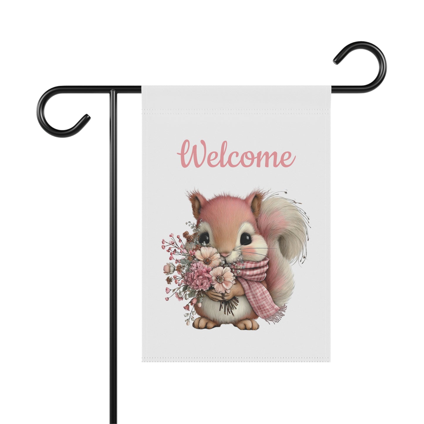 Spring garden flag featuring an adorable pink-toned squirrel wearing a plaid scarf and holding a bouquet of wildflowers beneath pink script text reading Welcome.