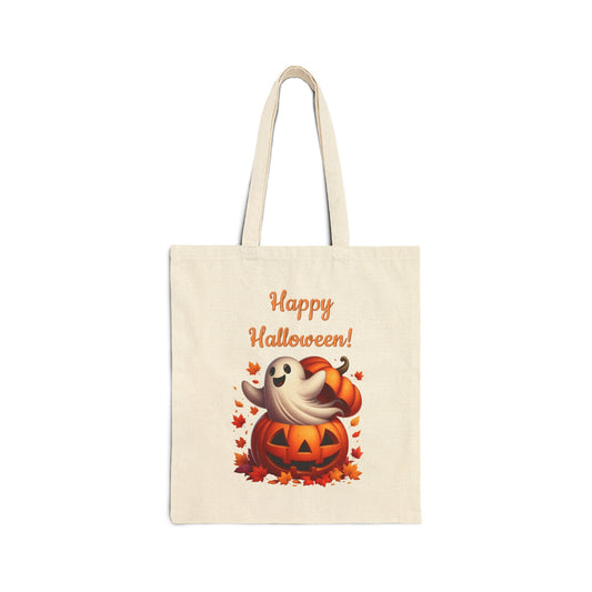happy halloween canvas tote bag with a cute ghost and jack-o-lantern