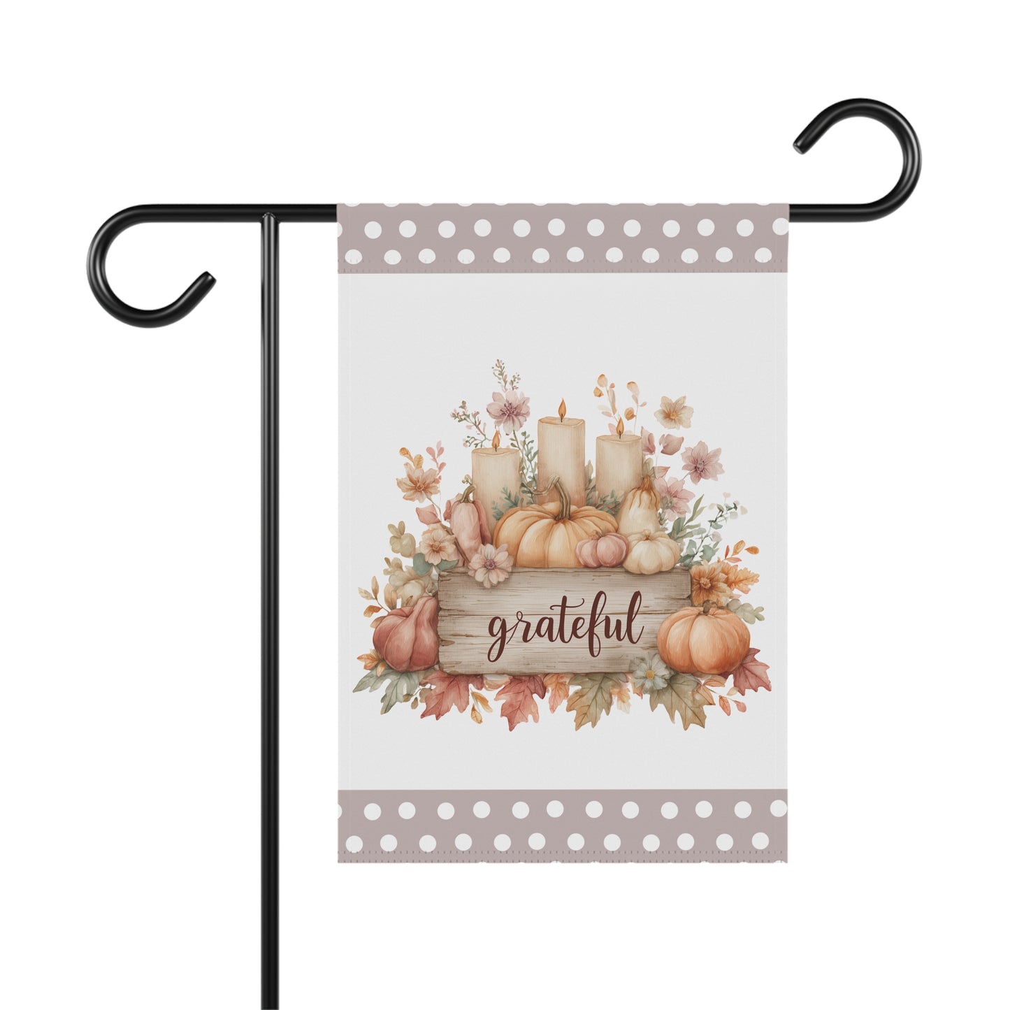 Cozy autumn pumpkin and candle display on a wooden sign with script Grateful text garden flag