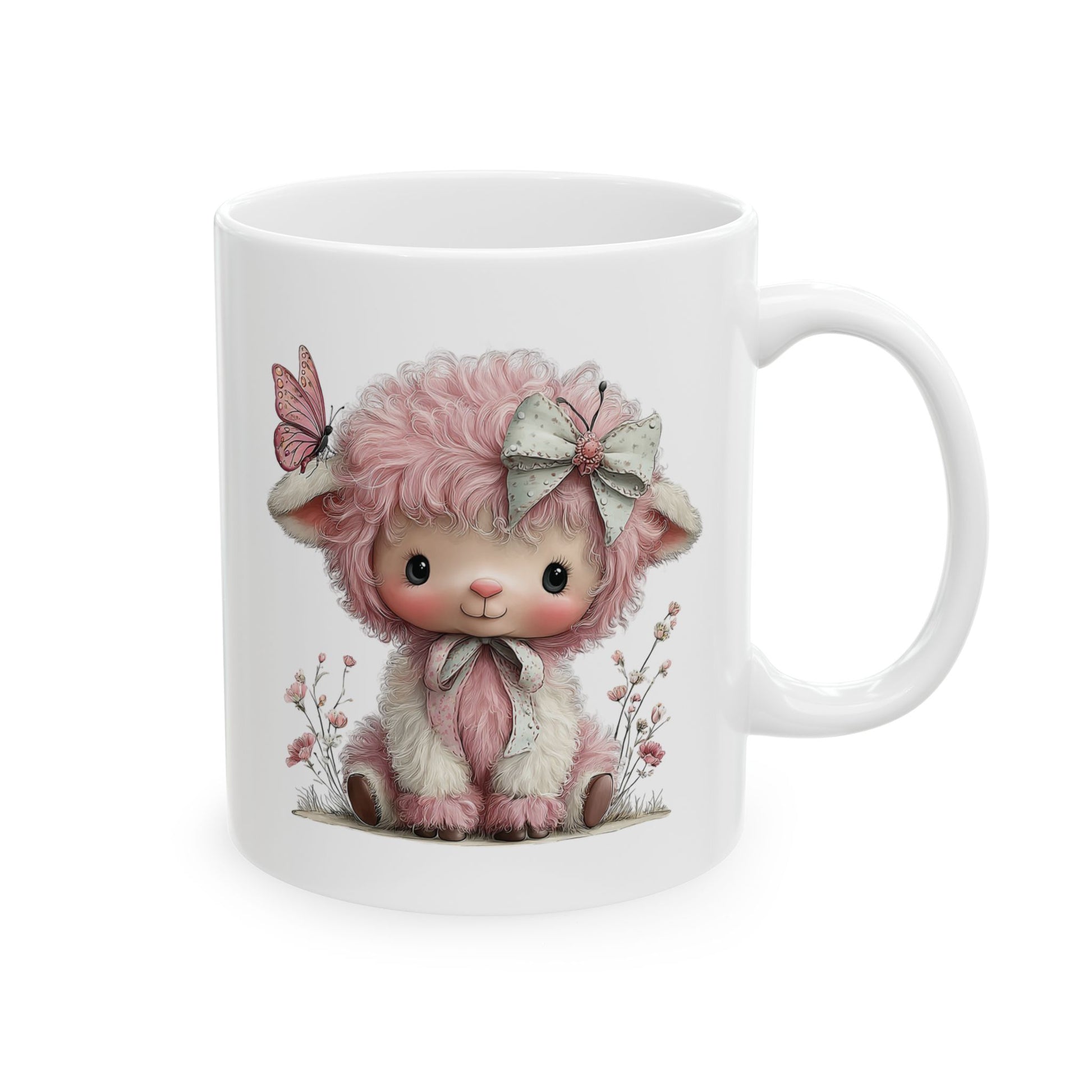 Adorable fluffy pink lamb with a polka dot bow and butterfly on its ear ceramic coffee mug