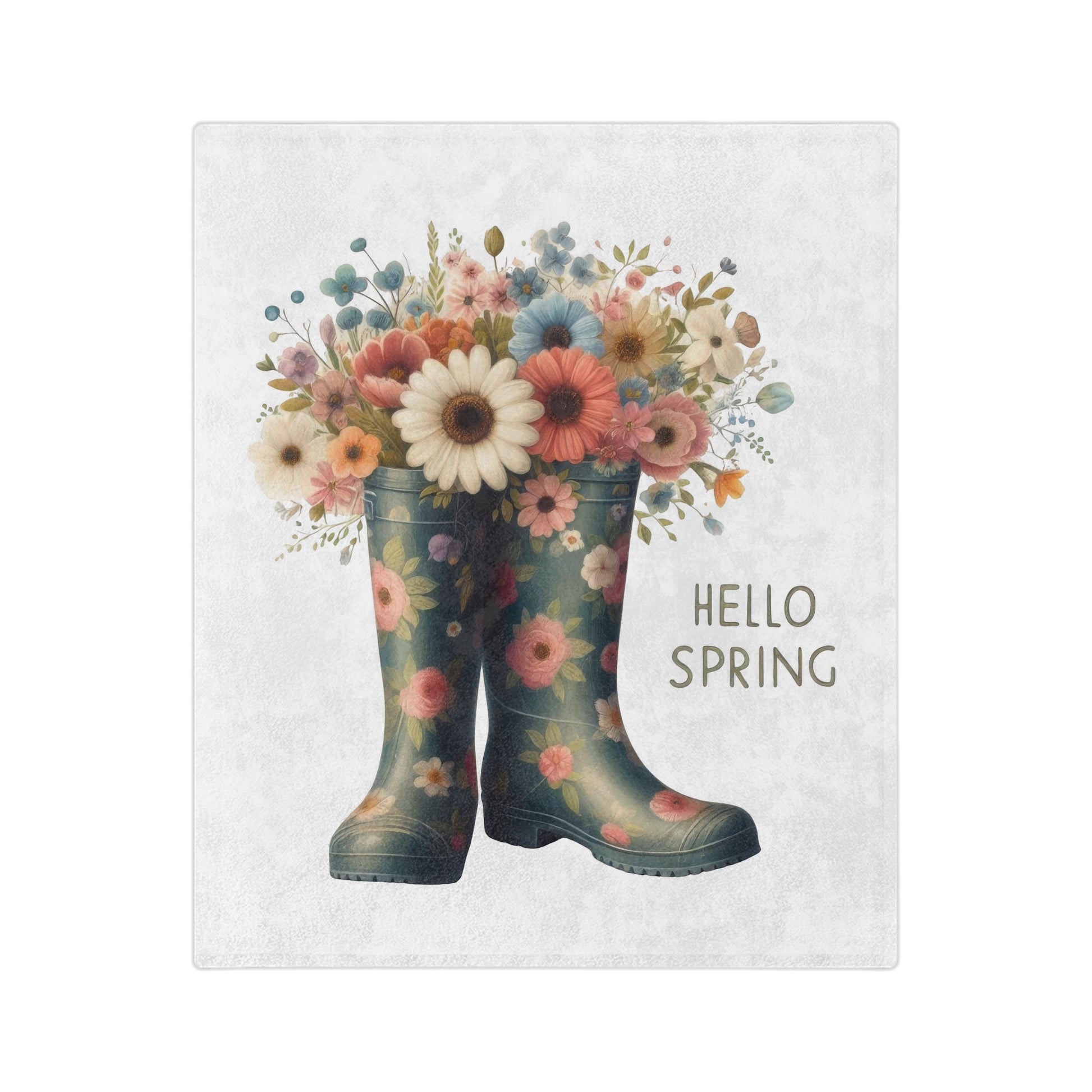 Hello Spring velveteen blanket featuring a design of blue floral rain boots filled with a vibrant bouquet of wildflowers and daisies on a white background.

