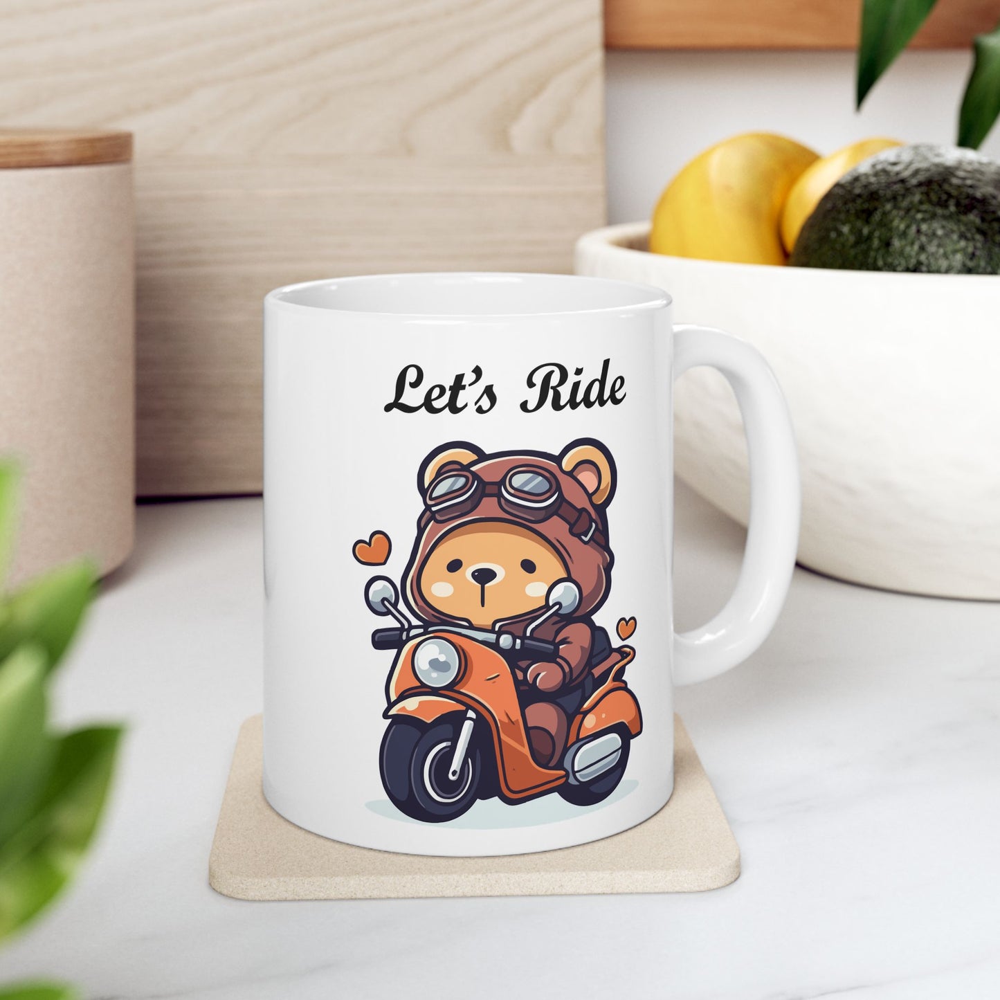 Cute little bear on a motorcycle "Let's Ride" coffee mug