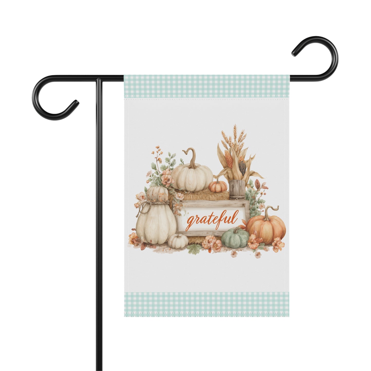 Soft pastel pumpkin harvest display on a wooden sign with script Grateful text and light sage green gingham trim garden flag
