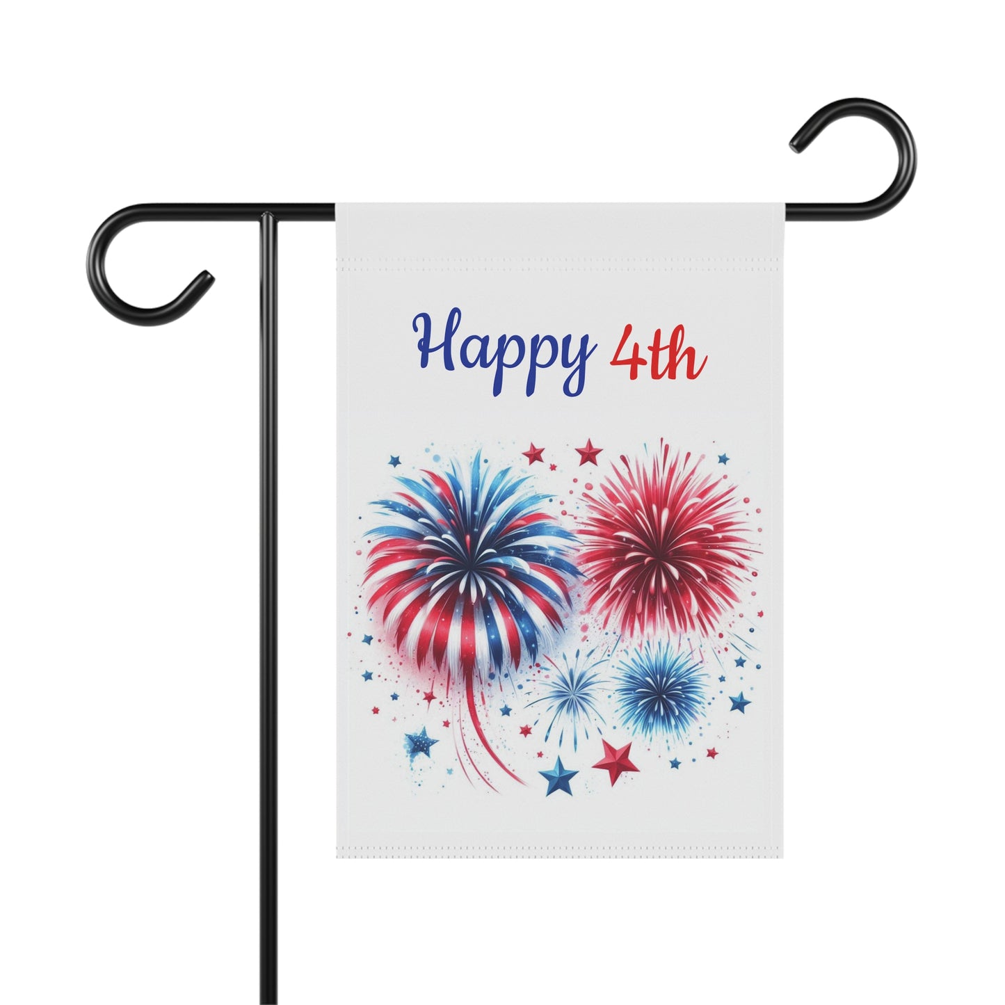 Patriotic garden flag featuring a dynamic cluster of red, white, and blue fireworks with a striped starburst pattern, surrounded by scattered stars beneath the red and blue script text Happy 4th on a clean off-white background.