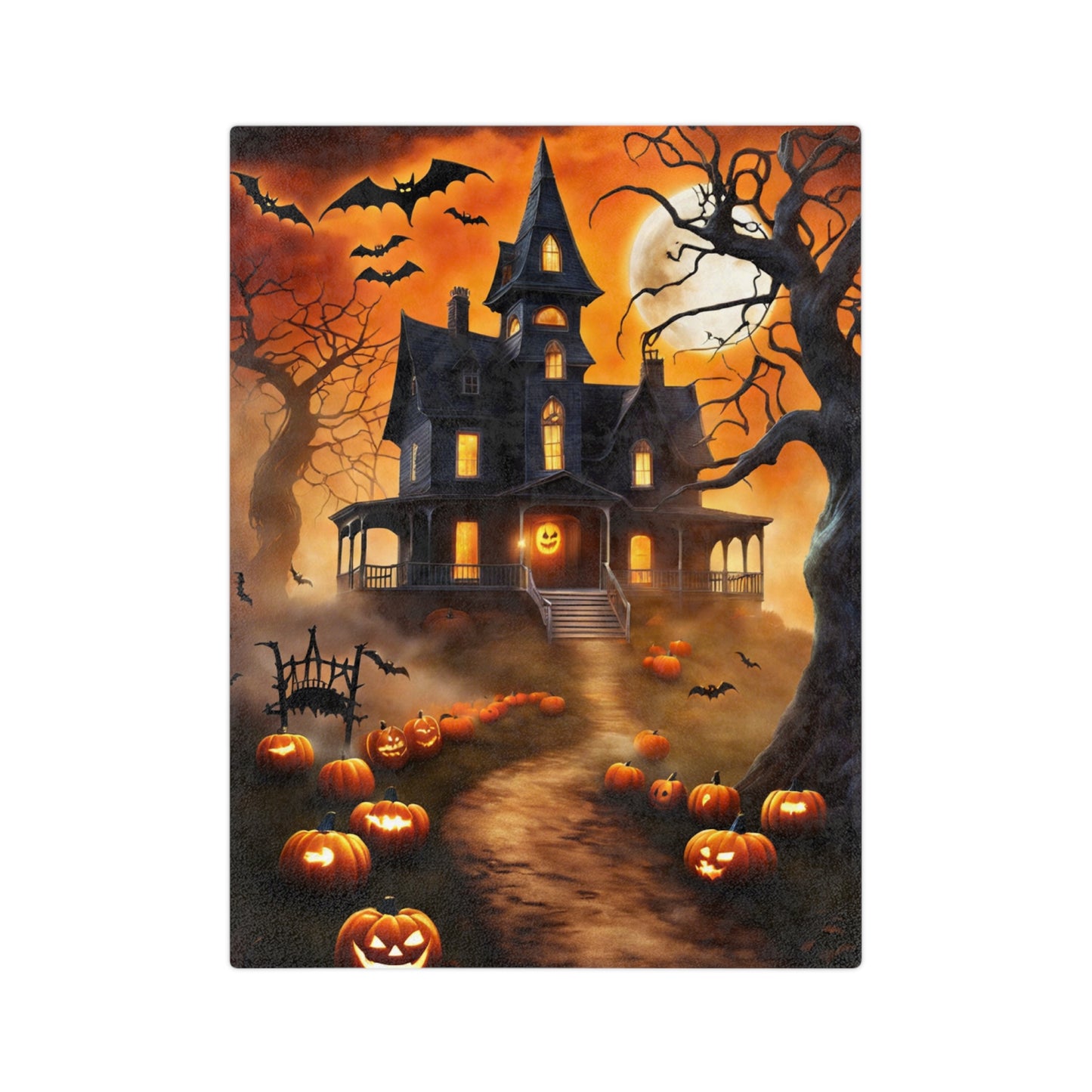 A plush Halloween blanket with a classic spooky design, featuring a haunted house under an orange sky and full moon, with a path lined by glowing jack-o'-lanterns and bats flying overhead.


