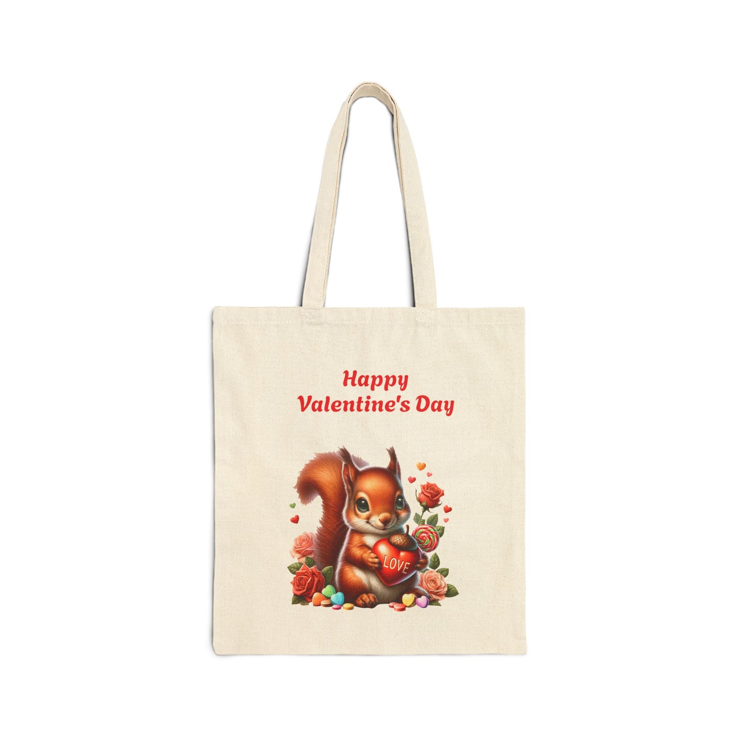 Happy Valentine's Day canvas tote bag with a cute squirrel holding a red heart that says "LOVE," surrounded by roses and candy.