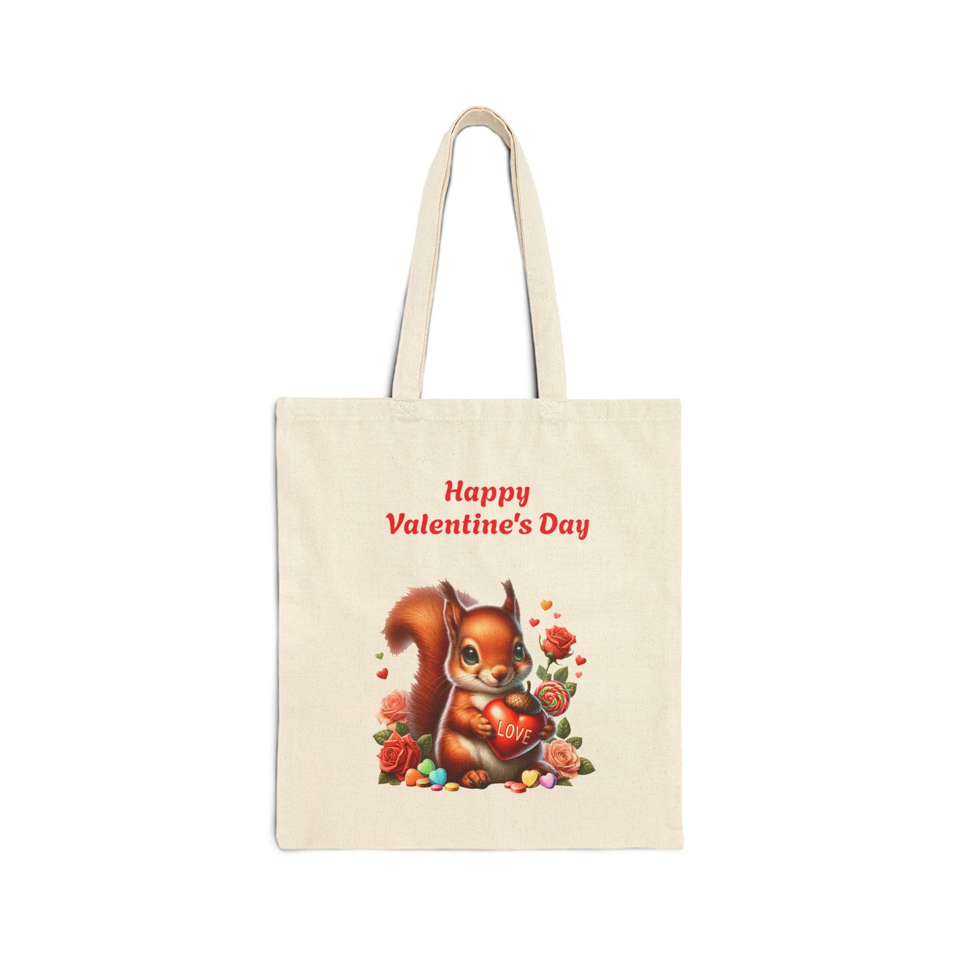 Happy Valentine's Day canvas tote bag with a cute squirrel holding a red heart that says "LOVE," surrounded by roses and candy.