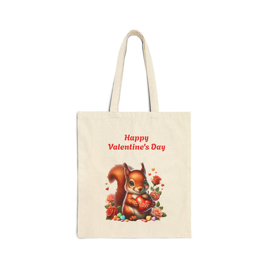 Happy Valentine's Day canvas tote bag with a cute squirrel holding a red heart that says "LOVE," surrounded by roses and candy.