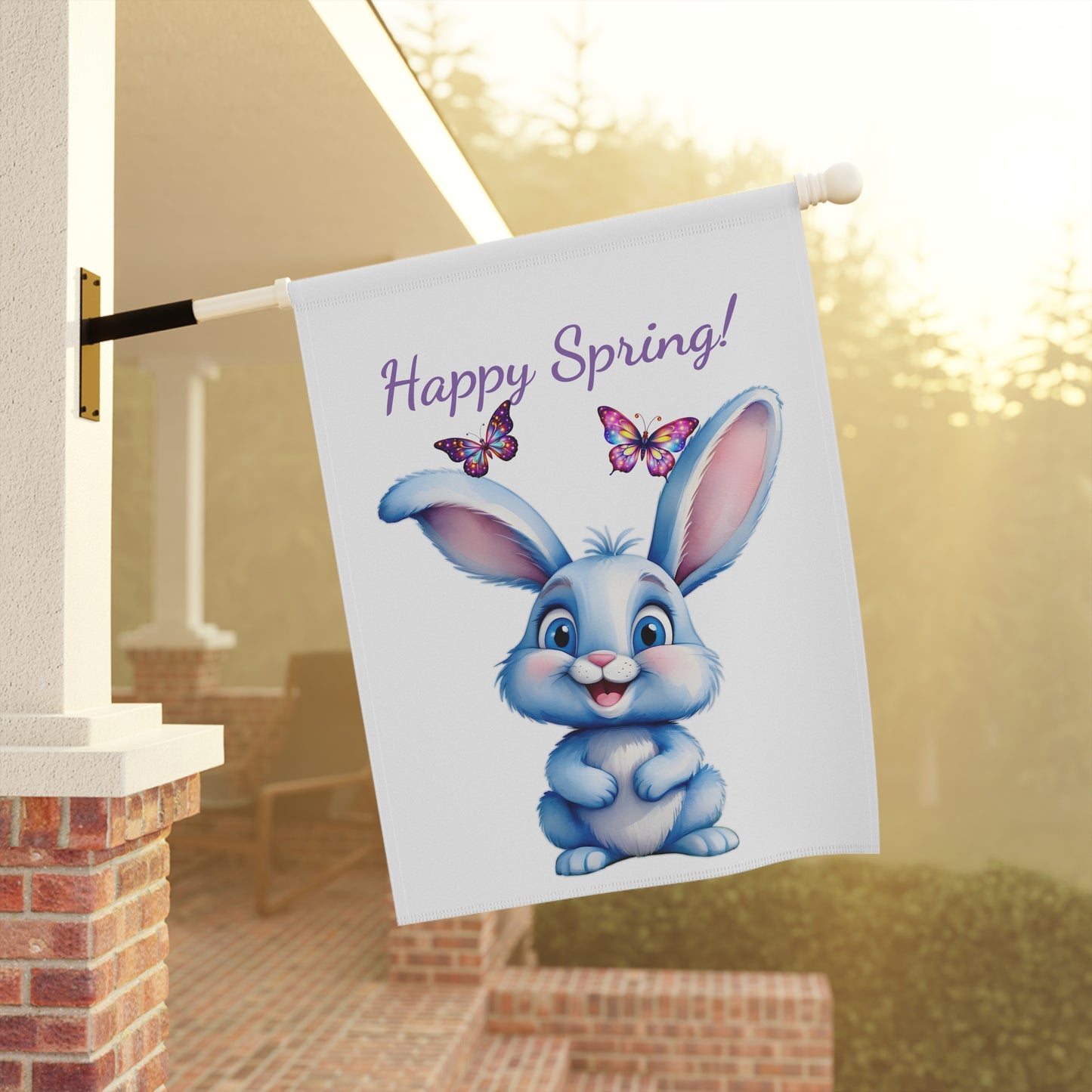 Happy Spring Blue Bunny & Butterflies Garden Flag