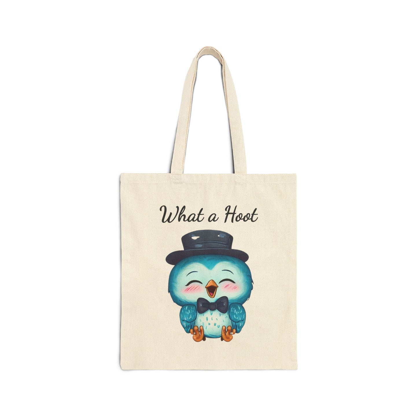 "What a Hoot" canvas tote bag with a cute blue owl wearing a black top hat and a bow tie.