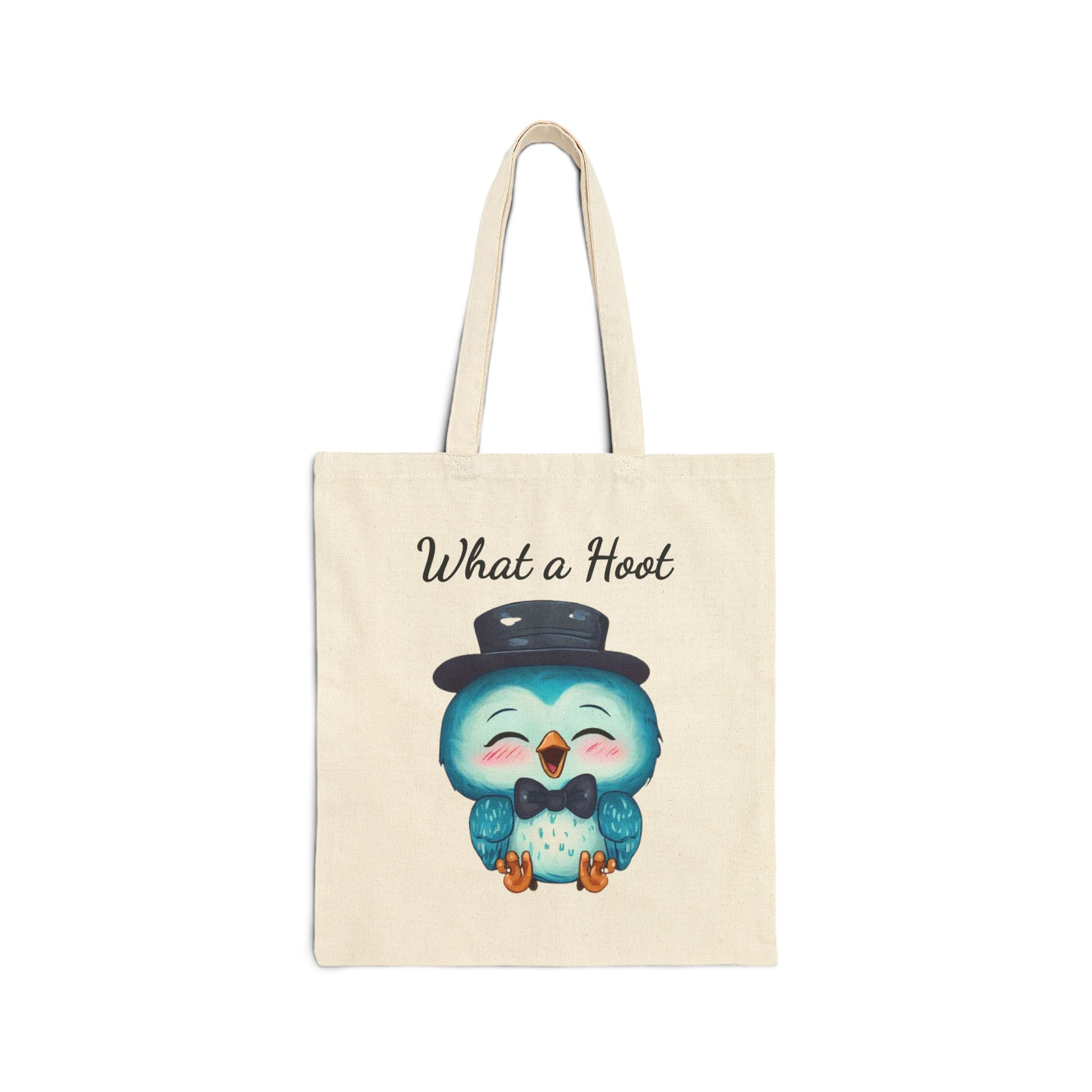 "What a Hoot" canvas tote bag with a cute blue owl wearing a black top hat and a bow tie.