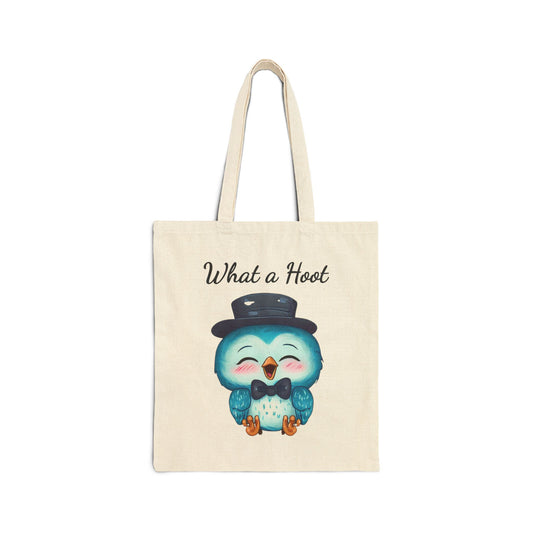 "What a Hoot" canvas tote bag with a cute blue owl wearing a black top hat and a bow tie.