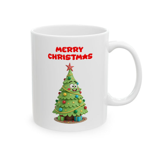 White ceramic coffee mug with a cartoon illustration of a smiling Christmas tree decorated with ornaments and presents, and the words "Merry Christmas" in red text above it.

